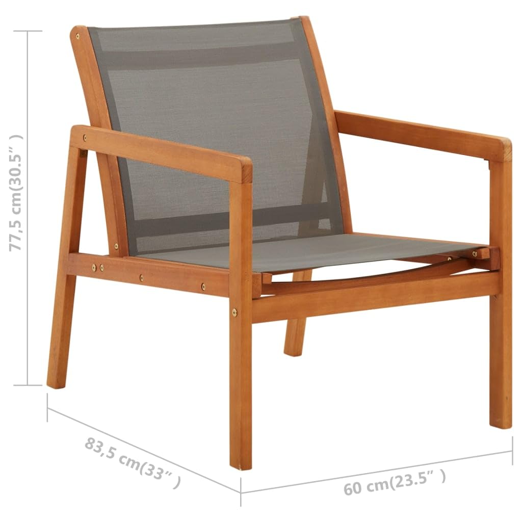 vidaXL Solid Eucalyptus Wood and Textilene Garden Lounge Chair - Patio, Balcony, Backyard Recliner - Outdoor Furniture Grey - Perfect for Poolside Relaxation and Sunbathing