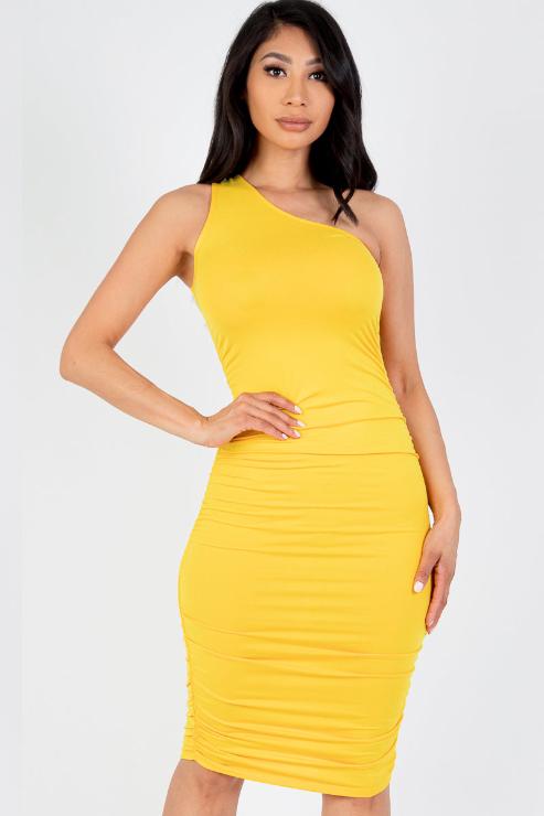 Sexy Solid Color Ruched One Shoulder Midi Bodycon Dress for Women - Elegant Party, Clubwear & Date Night Outfits