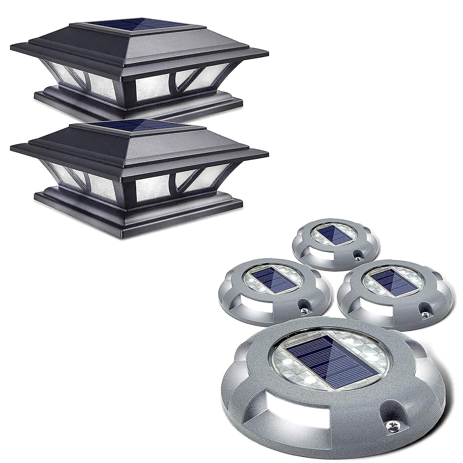 Siedinlar Solar Deck Lights and Solar Post Light Set - 4 Pack White Deck Lights & 2 Pack Warm/Cool White Post Lights - Outdoor Solar Pathway Lighting for Garden, Patio, Walkway, and Yard Decor