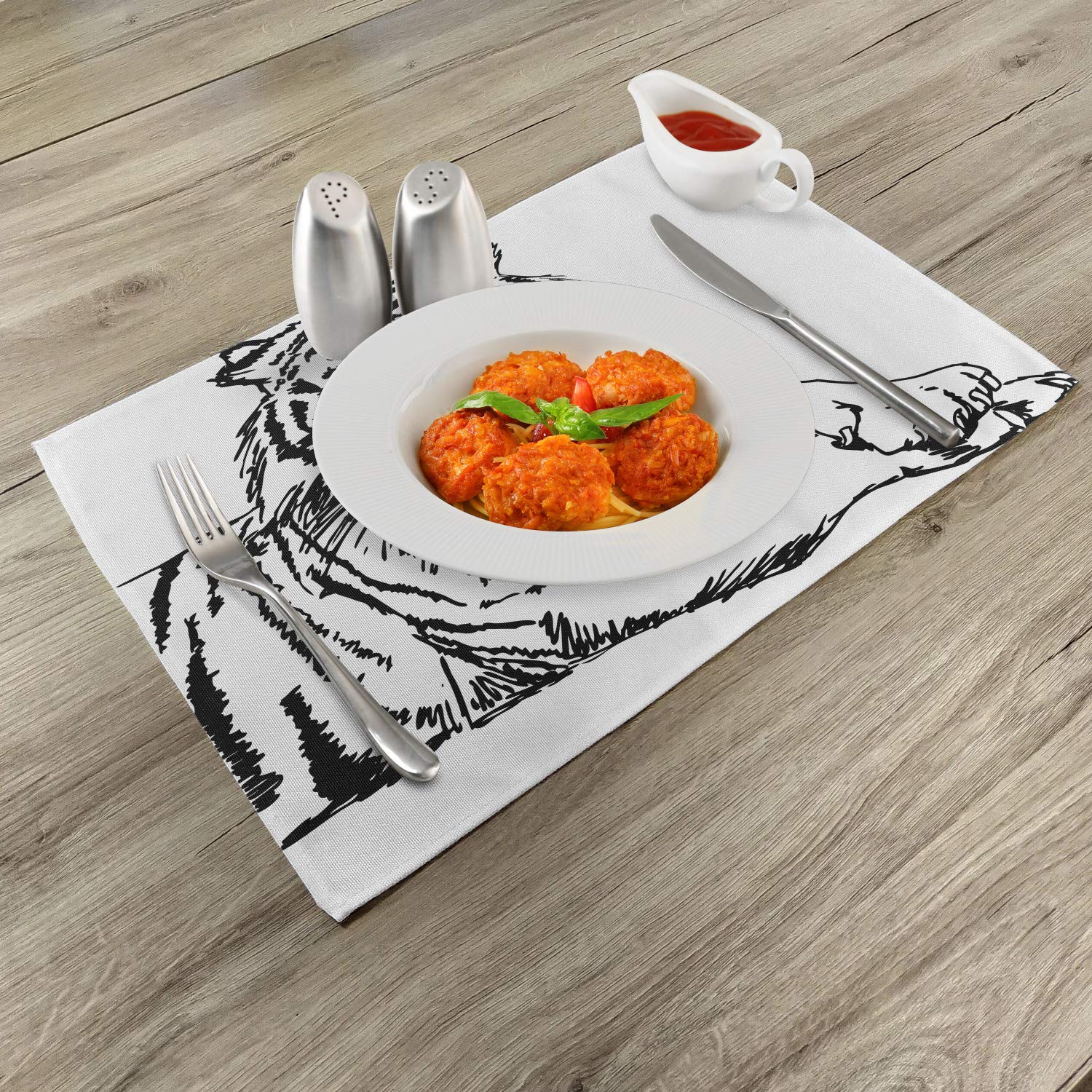 Ambesonne Savannah Place Mats Set of 4 - Posing Tiger Sketch with Sharp Eyes, Dark Stripes Art, Washable Fabric Dining Table Mats, Standard Size Black & White - Perfect for Dinner Parties, Holiday Gatherings & Home Decor