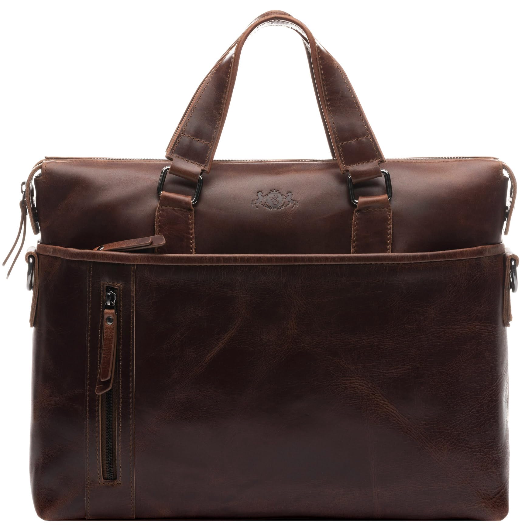 SID & VAIN London Large Real Leather Business Briefcase - Unisex Brown Laptop Bag for Office, Travel & Professional Use