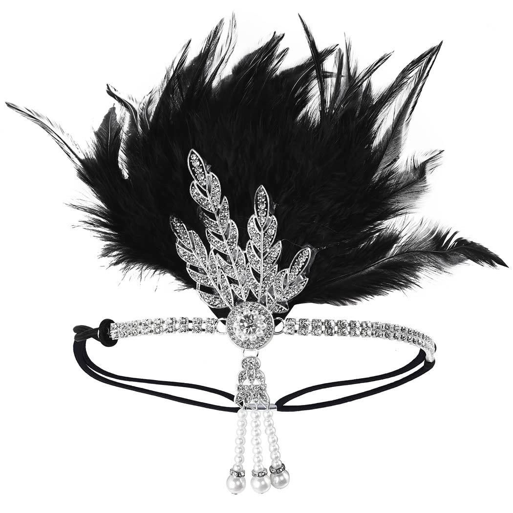 Vintage 1920s Flapper Feather Headband - Art Deco Inspired Leaf Medallion Pearl Hair Accessory for Gatsby Parties, Roaring 20s Costumes & Burlesque Shows