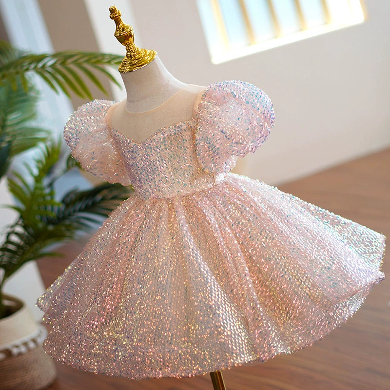 Pink Princess Round Tea Length Organza Flower Girl Dress for Weddings, Birthday Parties & Special Occasions