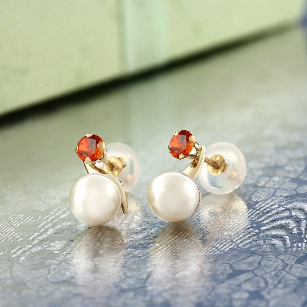 14K Yellow Gold 5MM Cultured Freshwater Pearl & 3MM Round Birthstone Gemstone Earrings for Women | Elegant Dangle Earrings for Weddings, Anniversaries & Special Occasions