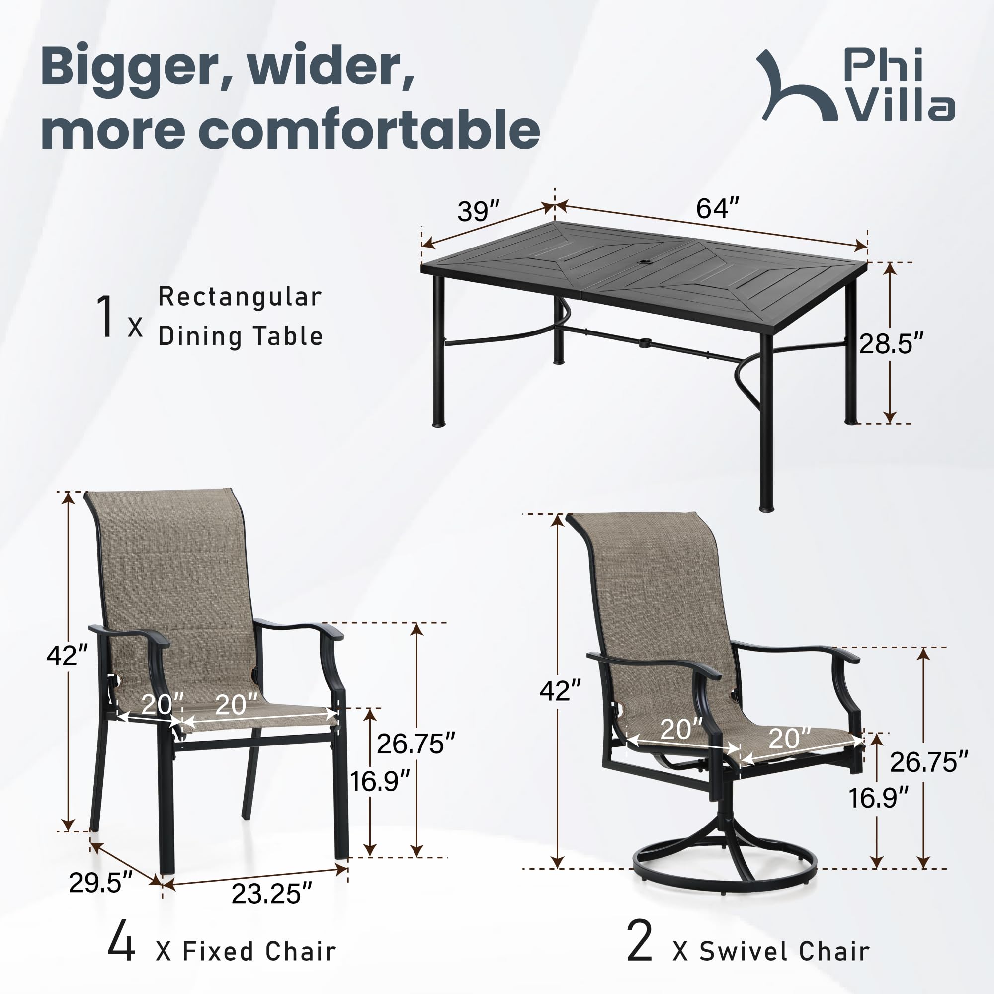 PHI VILLA 7-Piece Outdoor Dining Set - Metal Rectangular Patio Table with 6 Chairs (4 Standard & 2 Swivel) for Backyard, Garden, Deck, Porch - Weather-Resistant Outdoor Furniture for Entertaining & Relaxation