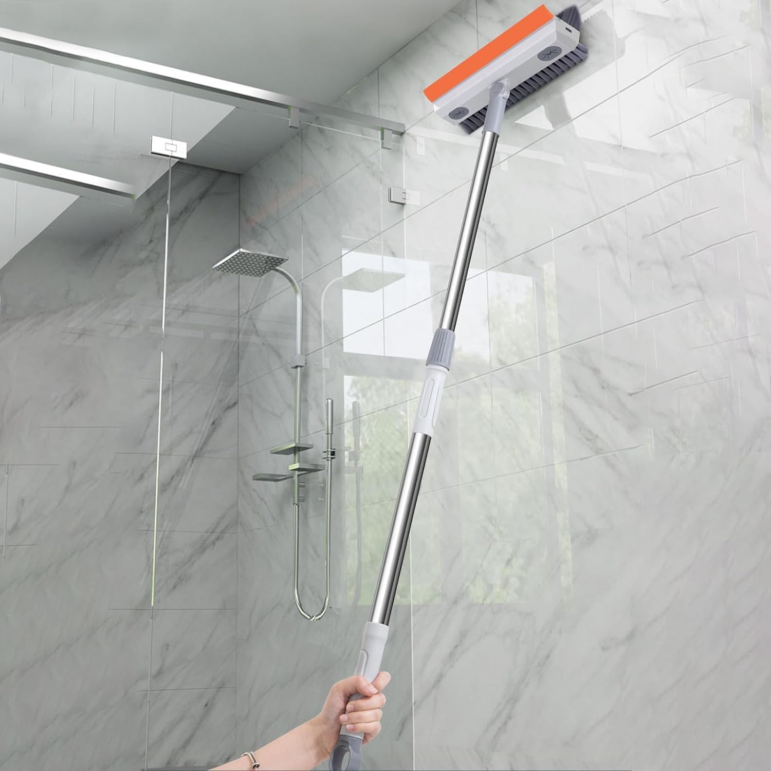 WAZDORF 3-in-1 Bathroom Cleaning Brush with Wiper and Long Handle - 180° Rotating Floor Scrubber for Tile Floors, Kitchen & Bathroom Cleaning Tools | Perfect for Shower Tiles, Bathtubs, Sinks and Hard-to-Reach Corners