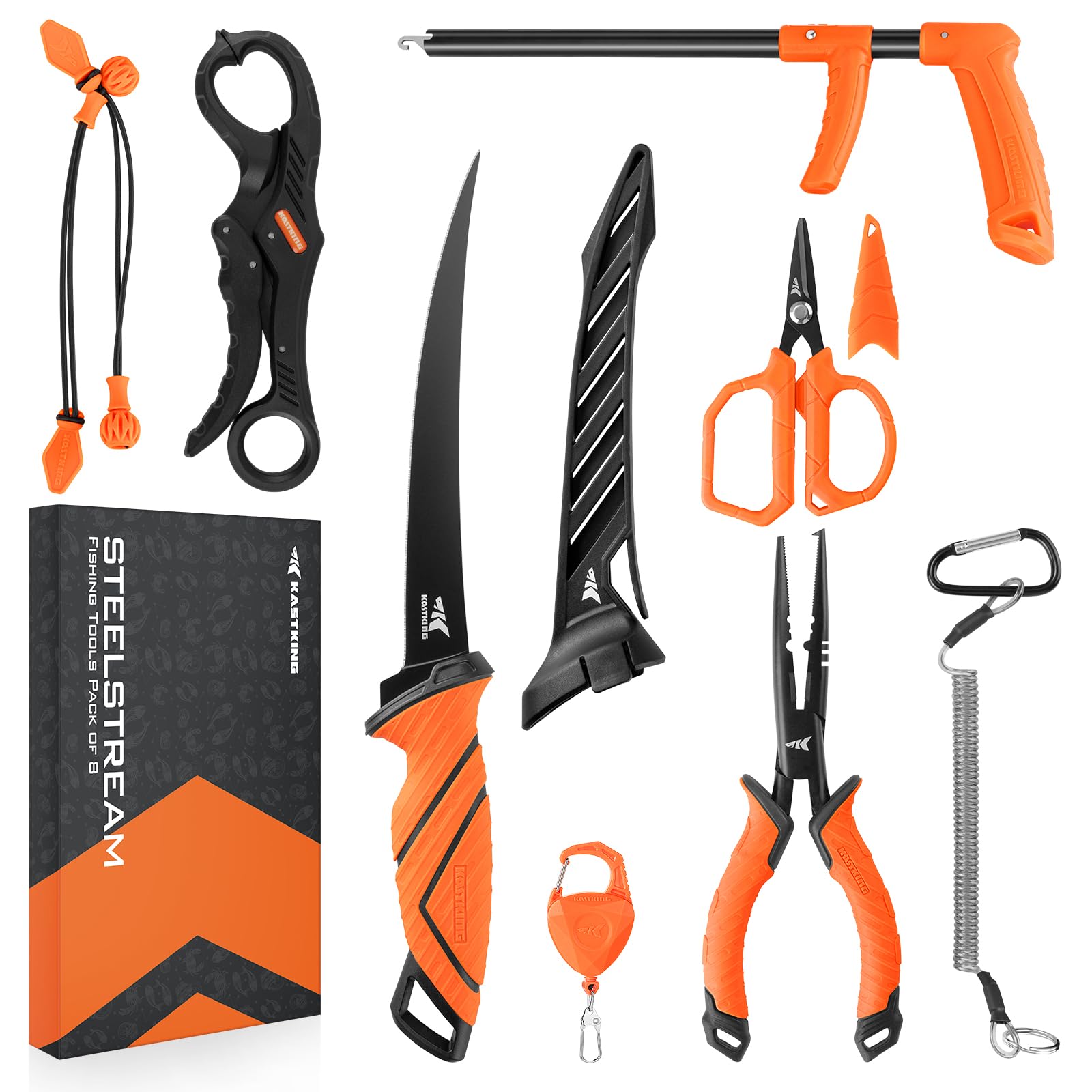 KastKing SteelStream 8-Piece Fishing Tool Kit - Premium Fishing Pliers with Lanyard, Fillet Knife, Floating Fish Lip Gripper, Braid Scissors, Hook Remover & Bungee Cords - Perfect for Saltwater & Freshwater Fishing, Kayak & Boat Anglers