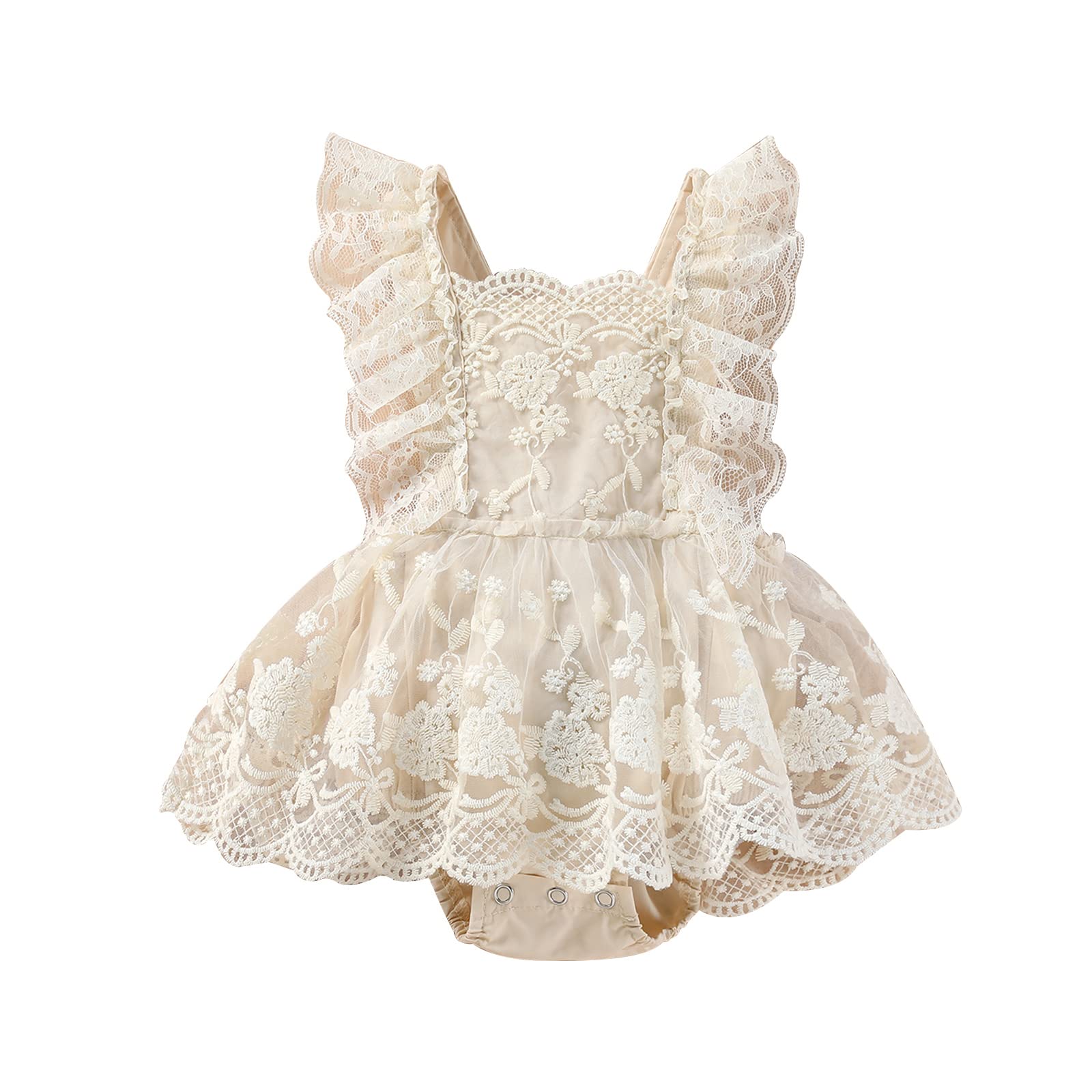 Newborn Baby Girl Romper - Lace Floral Embroidery Ruffle Sleeveless Backless Tutu Dress with Straps | Perfect for Photoshoots, Birthday Parties & Special Occasions