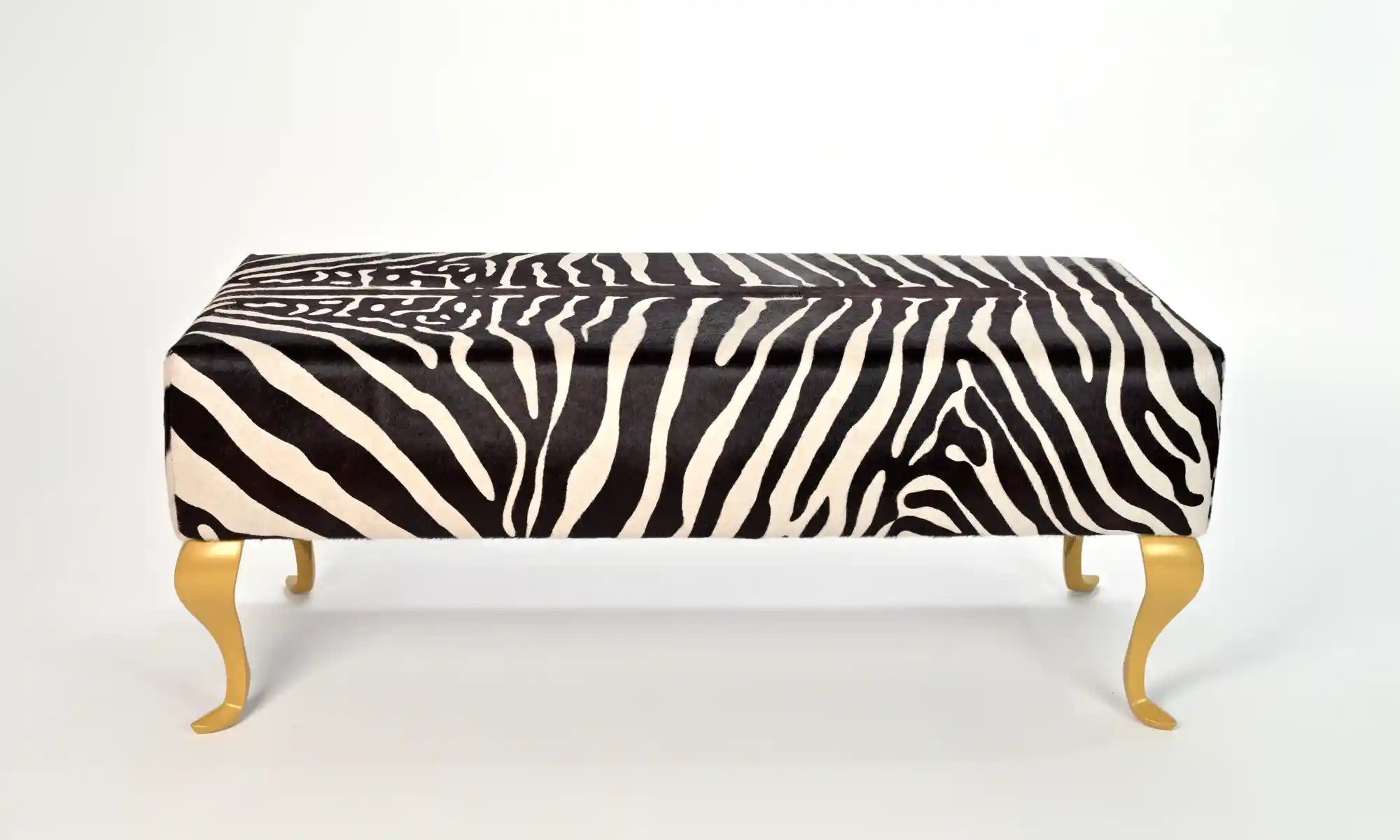 Stylish Zebra Print Ottoman with Gold Queen Anne Legs - 43.3x17.7x18.1 Inches - Perfect for Living Room, Bedroom or Office Decor