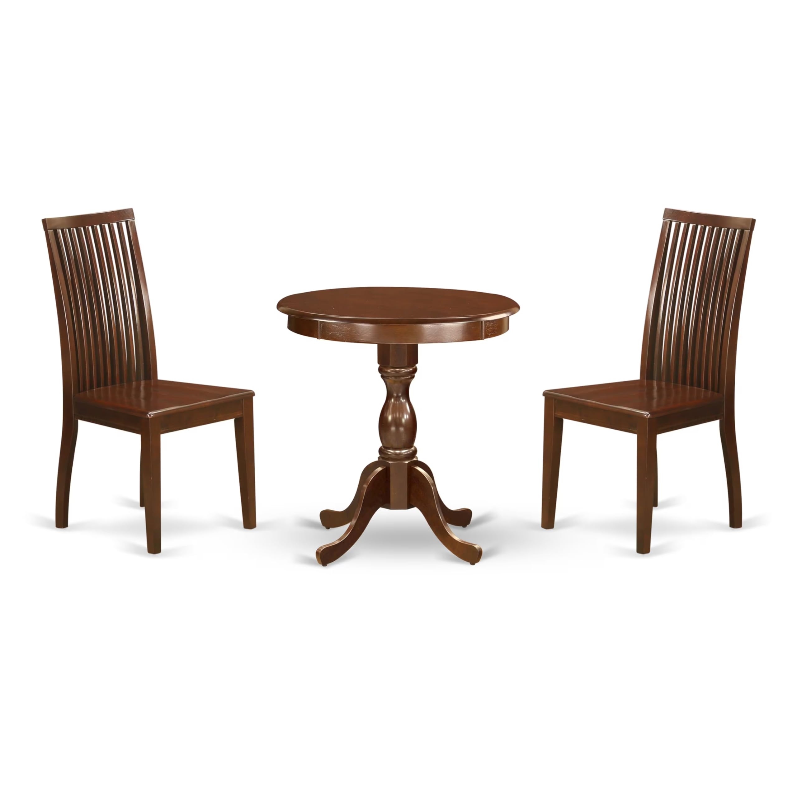 East West Furniture ESIP3-MAH-W 3-Piece Round Dining Table Set with Pedestal Base & 2 Wooden Chairs - 30x30 Inch, Mahogany - Perfect for Small Spaces, Apartments, Breakfast Nooks & Cozy Dining Areas