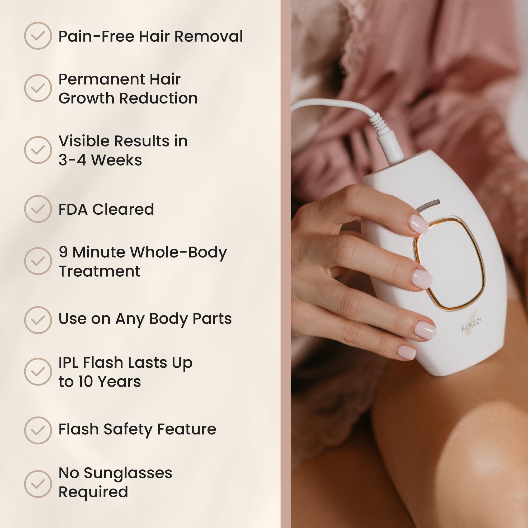 Kenzzi IPL Hair Removal Device for Women & Men - Painless At-Home Laser Hair Removal Handset for Face & Body, Permanent Hair Reduction Alternative to Salon Treatments | Smooth Skin for Bikini, Legs, Underarms & More