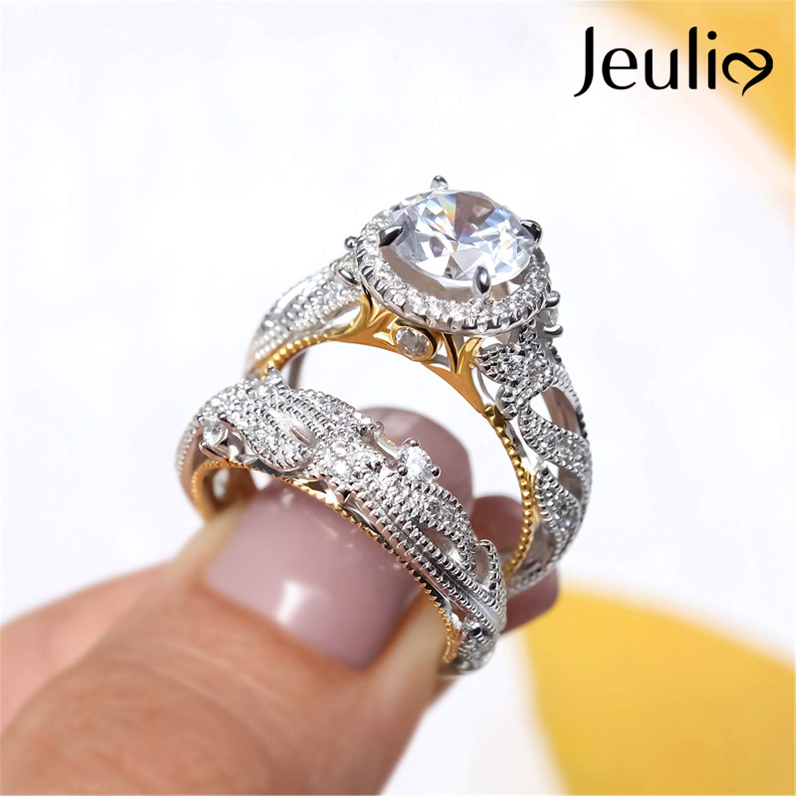 Jeulia 4 Carat Openwork Wedding Ring Set for Women - 925 Sterling Silver & Yellow Gold Halo Engagement Ring with Round Cut White Diamond & CZ Solitaire Band - Perfect for Anniversary, Promise, and Bridal Jewelry Gifts
