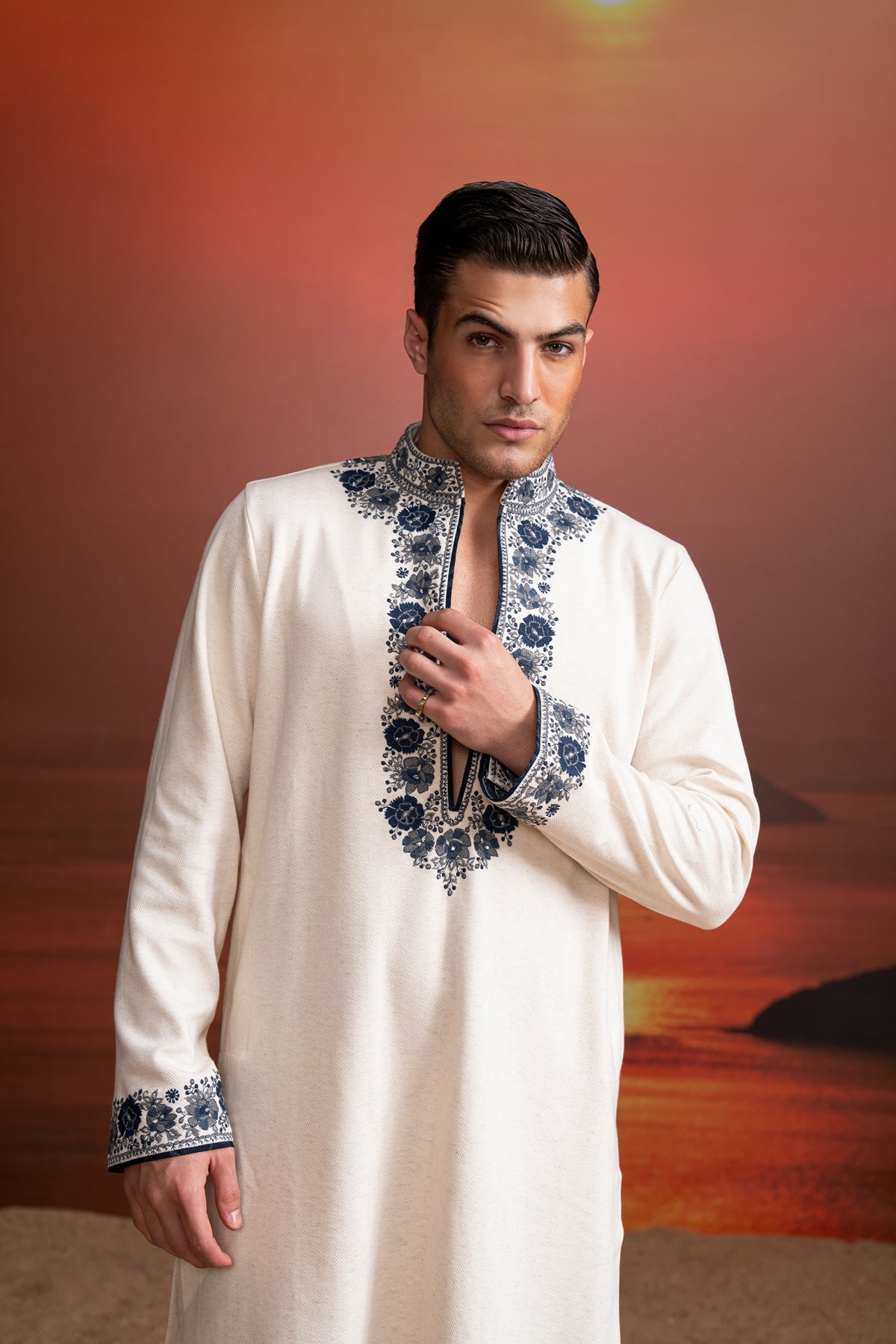 Handwoven Ivory Cotton Kurta with Indigo Embroidery & Matching Pants - Traditional Indian Outfit for Festivals, Weddings & Special Occasions