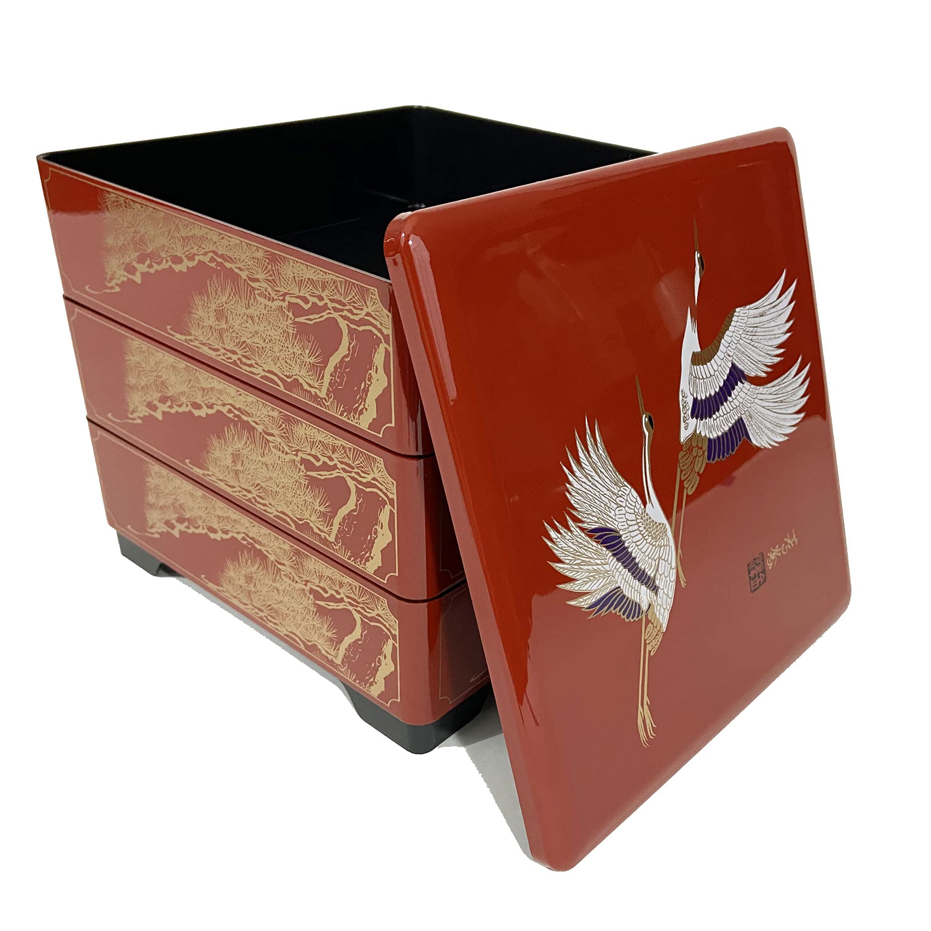 Japanese Traditional 3-Tier Jubako Bento Box Set - 4-Pack Stackable Lacquered Plastic Food Containers for Sushi, Candy & Snacks | Red Crane Design | Made in Japan | Perfect for Parties, Picnics & Gift Giving