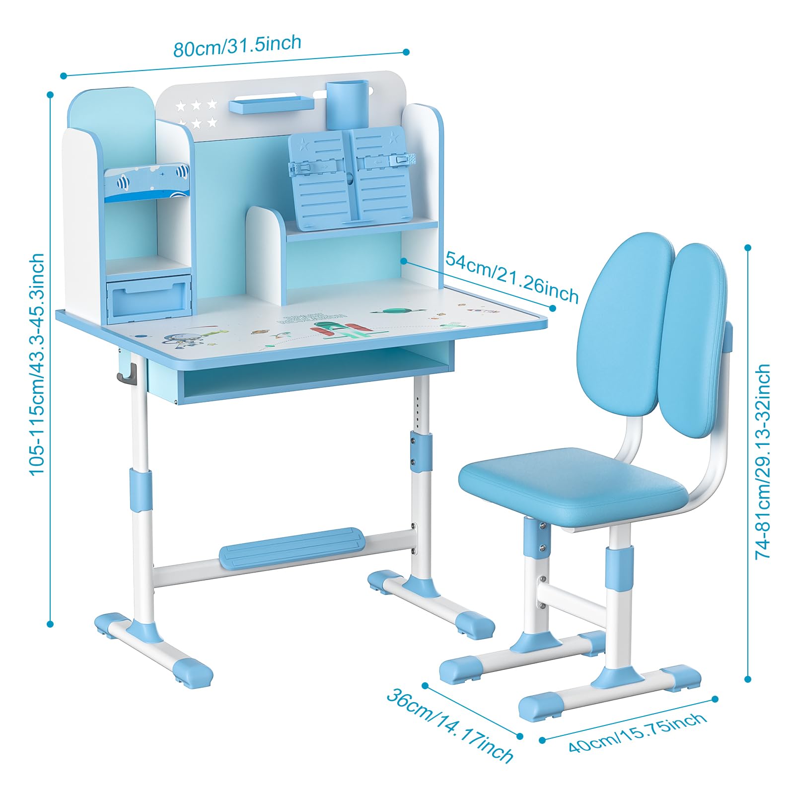 Adjustable Kids Desk and Chair Set - Ergonomic Study Table for Children with Drawer, Bookstand & Foot Pedal - Pink School Desk for Boys & Girls - Perfect for Homework, Online Learning & Art Projects