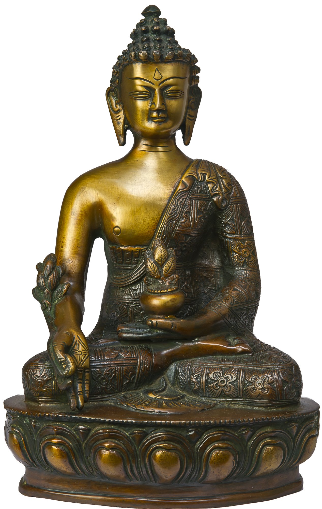 Handcrafted Brass Medicine Buddha Sculpture with Floral Robe Decor - Spiritual Decor for Home Altar, Meditation Room & Yoga Studio