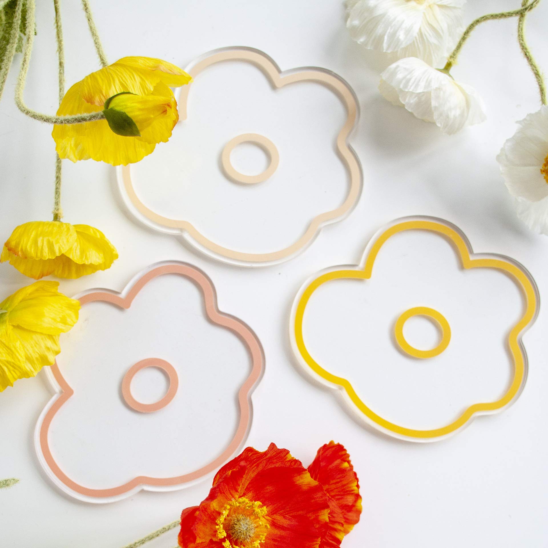 Vibrant Yellow Flower Acrylic Cup Coasters - Heat Resistant Drink Mats for Tea & Coffee - Insulating Table Decor for Home, Office & Parties - Set of 4