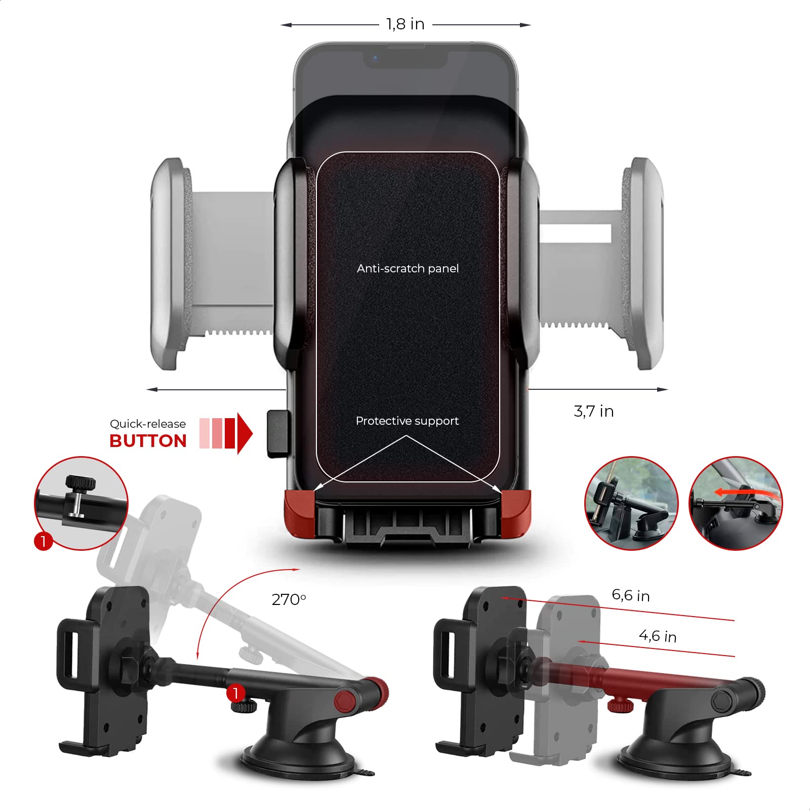LIBERHAUS 360° Rotatable & Retractable Car Phone Holder Mount for iPhone 12/11/Pro/Max/X/8/7 - Universal Dashboard & Windshield Car Mount with Strong Suction Cup - Perfect for GPS Navigation & Hands-Free Driving