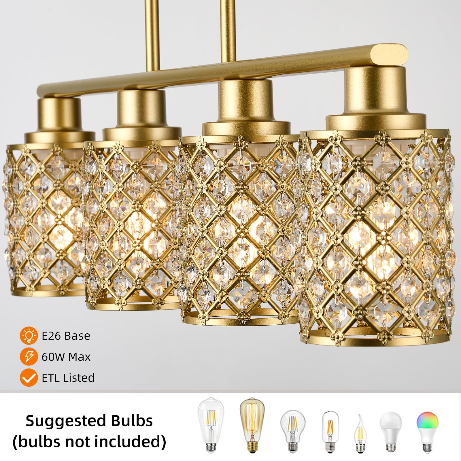 Farmhouse Gold 4-Light Linear Chandelier with K9 Crystal & Gold Grid Shade - Modern Kitchen Island Lighting & Dining Room Pendant Light Fixture for Farmhouse, Rustic, and Contemporary Home Decor (Perfect Over Dining Tables, Kitchen Islands, and Entryways)