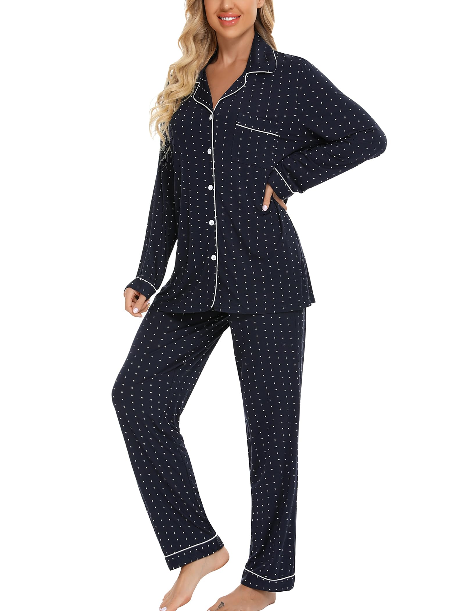 **Leikar Women's Button-Up Pajama Set - Soft Long Sleeve Shirt & Lounge Pants - Cozy Sleepwear & Loungewear for Relaxing at Home**