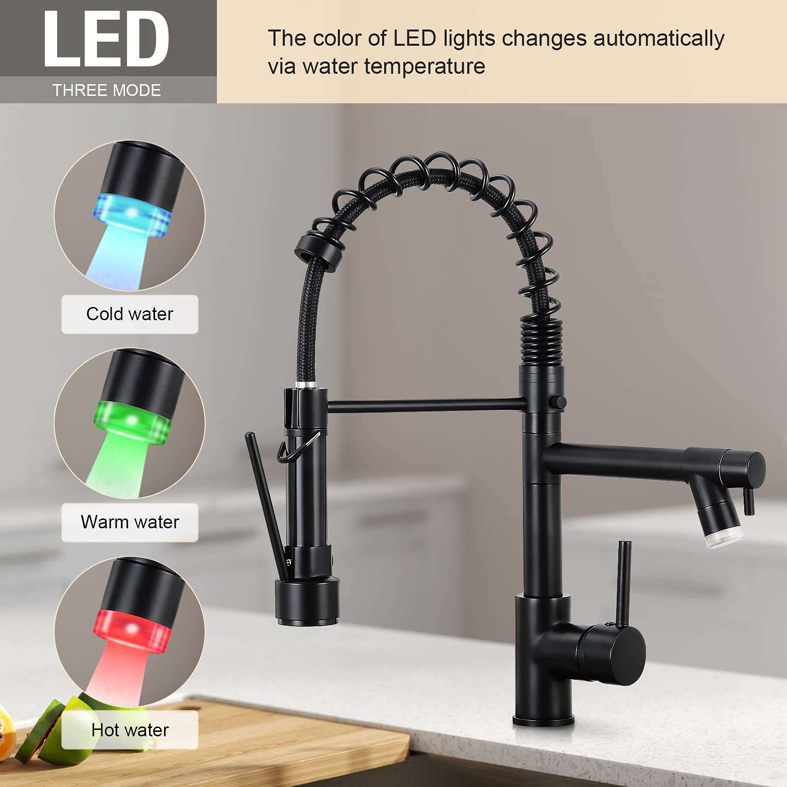Qomolangma Matte Black Commercial Kitchen Sink Faucet with Pull Down Sprayer and LED Light - Modern Single Handle Design for Restaurants, Home Kitchens & Food Prep Stations