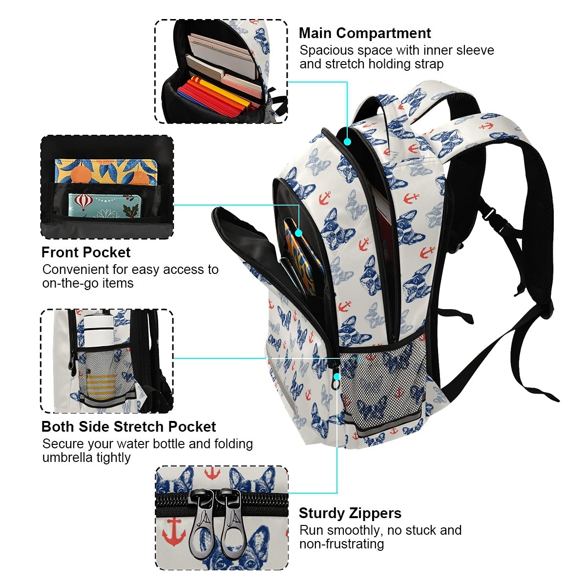 Stylish French Bulldog & Anchor Print Laptop Backpack with Chest Strap - Durable School, Travel & Hiking Backpack for Boys & Girls - Perfect for College, Commuting & Outdoor Adventures
