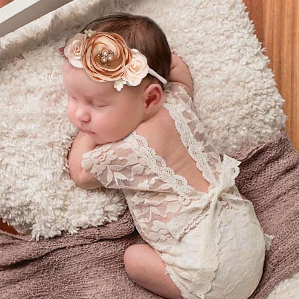 SPOKKI Newborn Baby Cute Lace Romper & Floral Headband Set - Photography Props, Classic Floral Outfits for Newborn Photo Shoots, Baptism, and Special Occasions