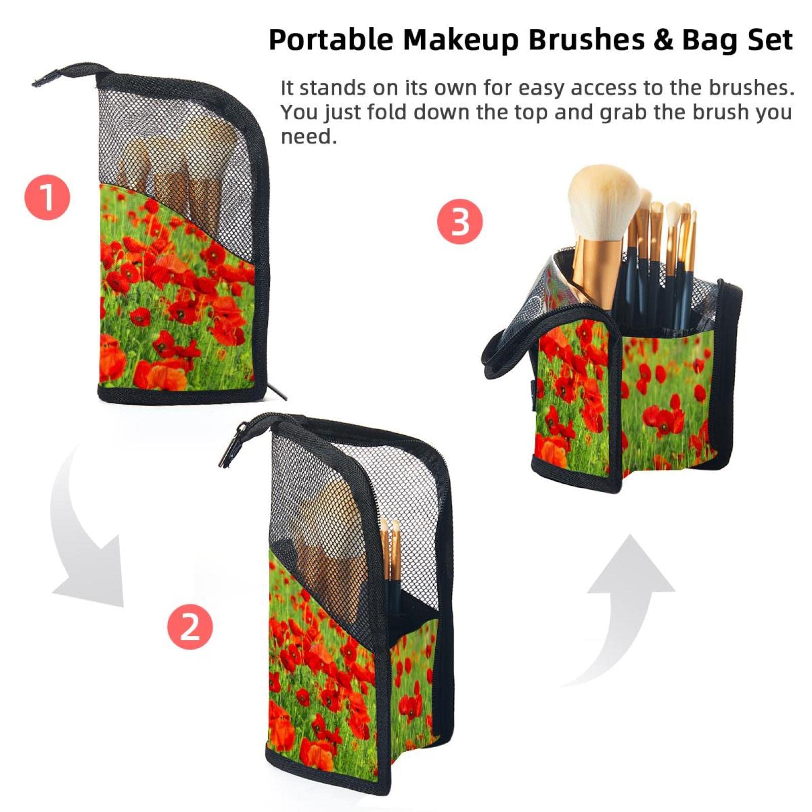 12-Piece Makeup Brush Organizer Bag with Portable Holder Case - Red Poppies Field Design for Travel & Home Storage | Perfect Cosmetic Brush Set for Professional Artists & Beginners