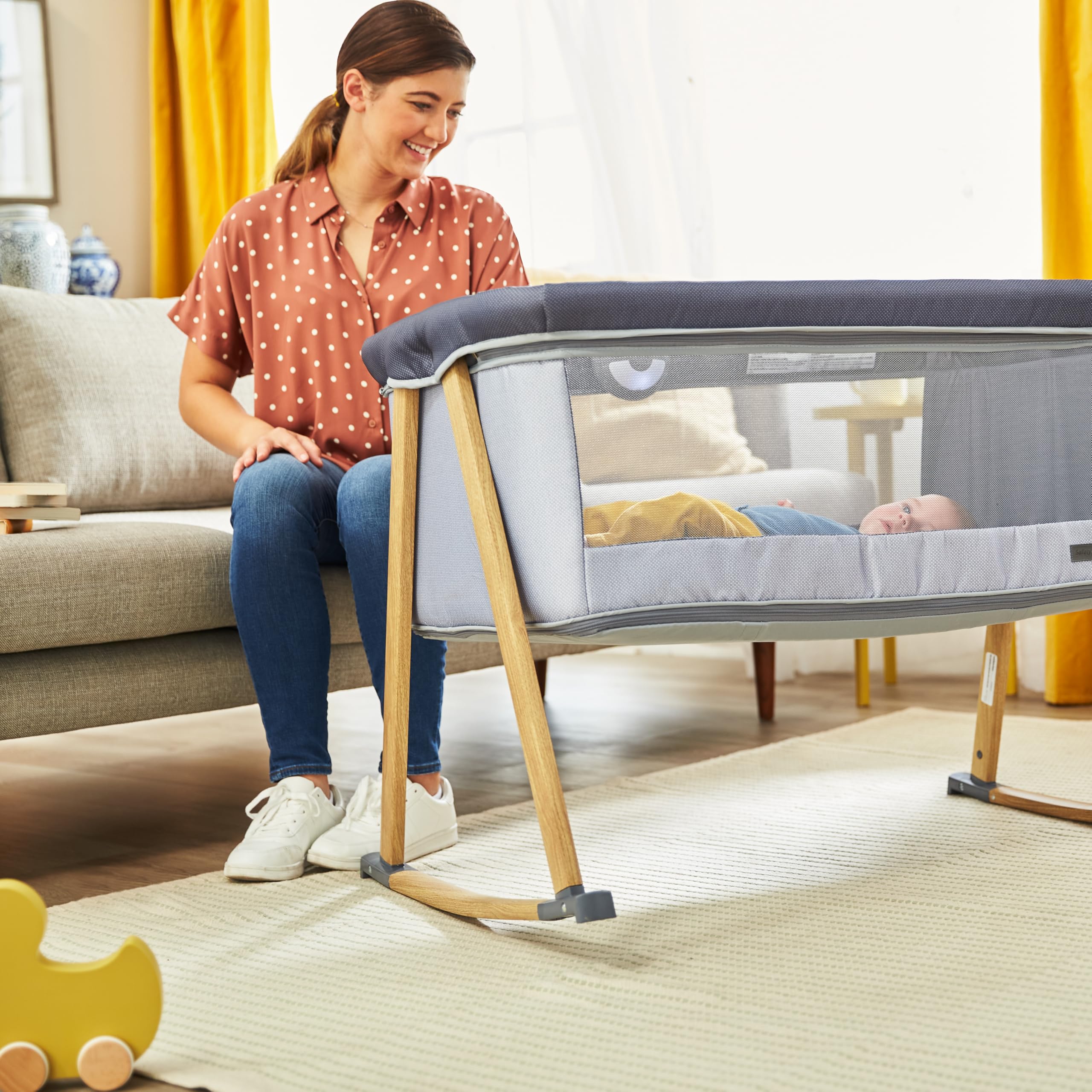 Safety 1st Rest-and-Romp 2-in-1 Bassinet & Playard with Soothing Sounds, Night Light & Vibration - Portable Baby Bed & Play Yard for Newborns to Toddlers - Perfect for Nursery, Travel & Bedside Sleeping (Dunes Edge)
