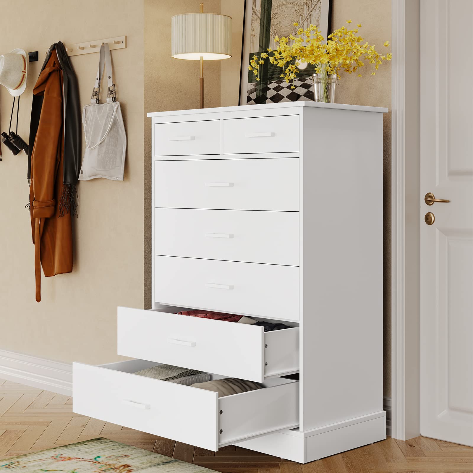 Hasuit White 7-Drawer Tall Dresser for Bedroom - Solid Wood Storage Cabinet with Sturdy Base, Large Clothes Organizer Tower - Perfect for Closet, Living Room & Hallway Organization (Bedroom Furniture, Home Storage Solution)