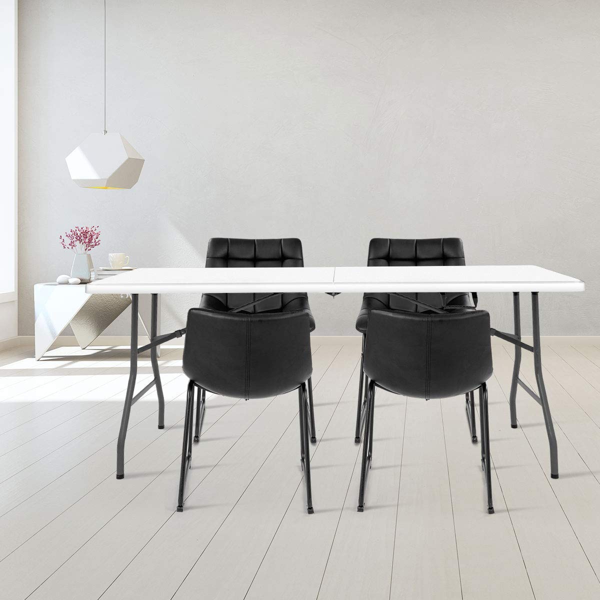 6' Folding Table with Handle | Portable Plastic Picnic Table with Rounded Corners | Indoor Outdoor Dining, Camping, Parties, BBQs | White