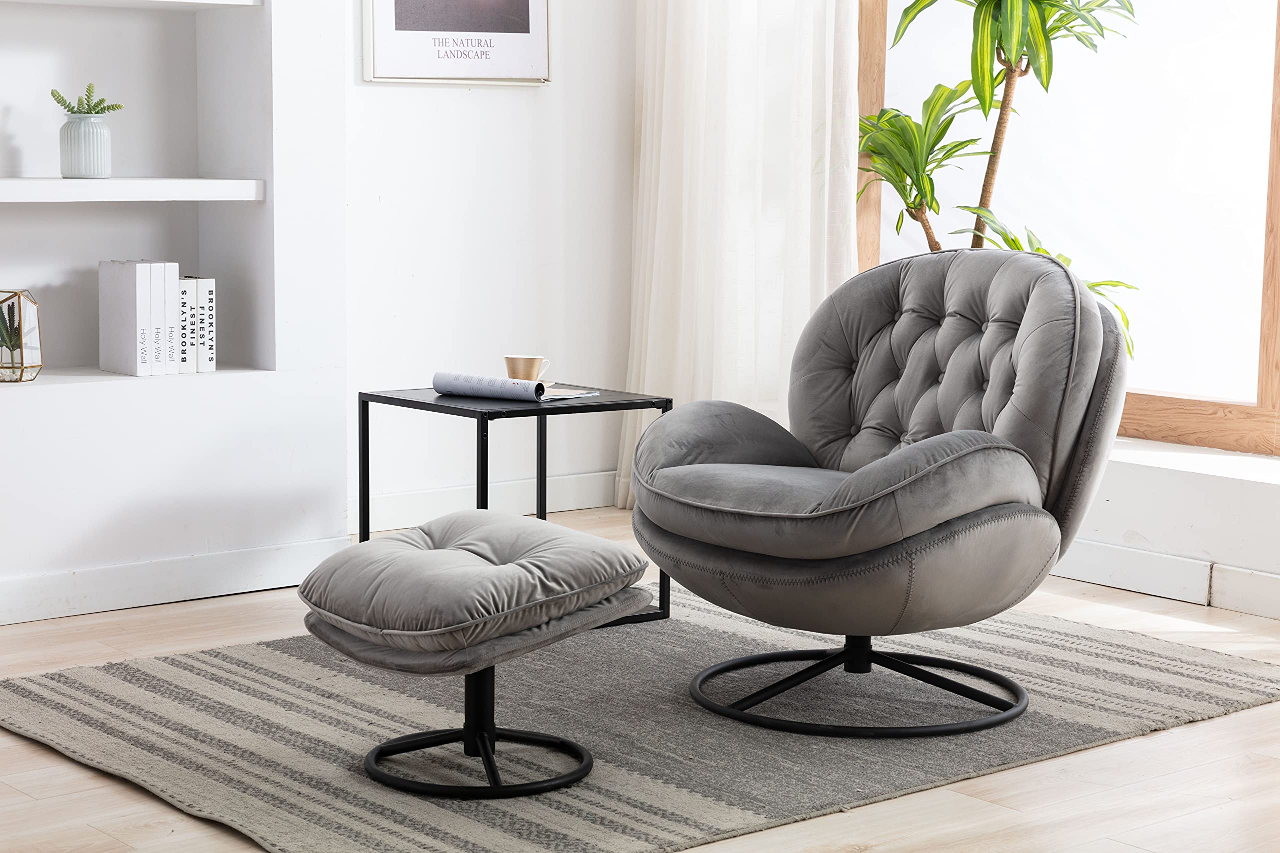 Modern Grey Accent Chair with Ottoman - Comfortable Living Room Armchair, Side Chair for Bedroom & Lounge - Perfect for Relaxing, Watching TV, or Reading
