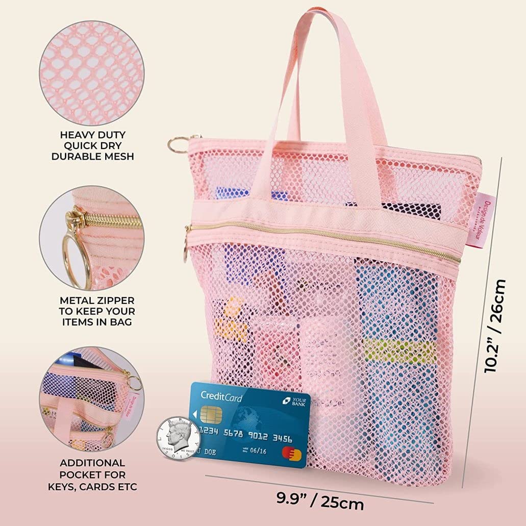 Quick-Dry Mesh Shower Caddy with Zipper & 2 Pockets - Lightweight Hanging Toiletry Organizer for Bathroom, College Dorm, Gym | Portable Travel Cosmetic Bag for Beach, Camping & Vacation (Pink)