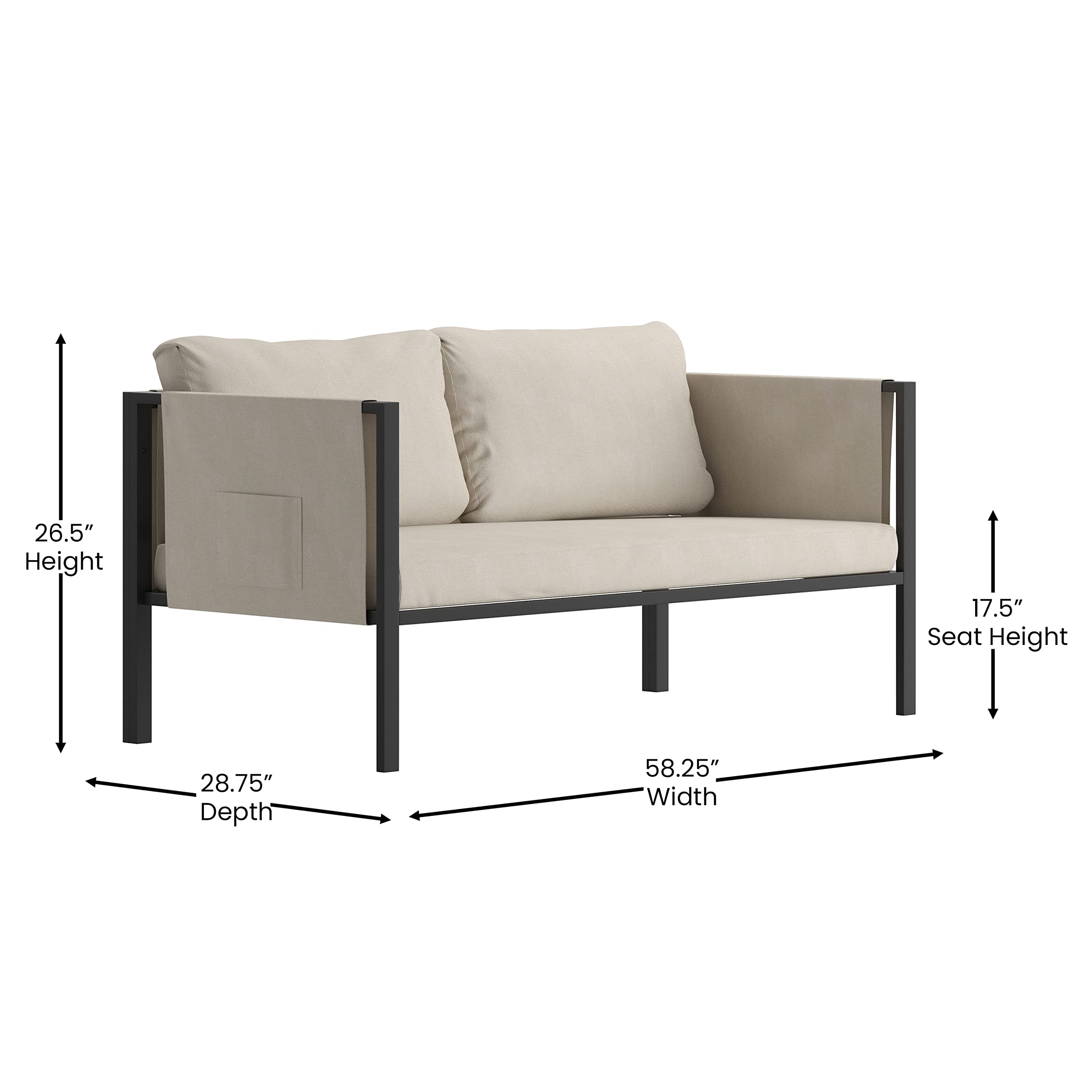 Flash Furniture Lea Indoor/Outdoor Loveseat with Cushions - Modern Steel Frame 2-Seater Sofa with Storage Pockets, Black with Beige Cushions - Perfect for Patio, Deck, Balcony & Small Space Living