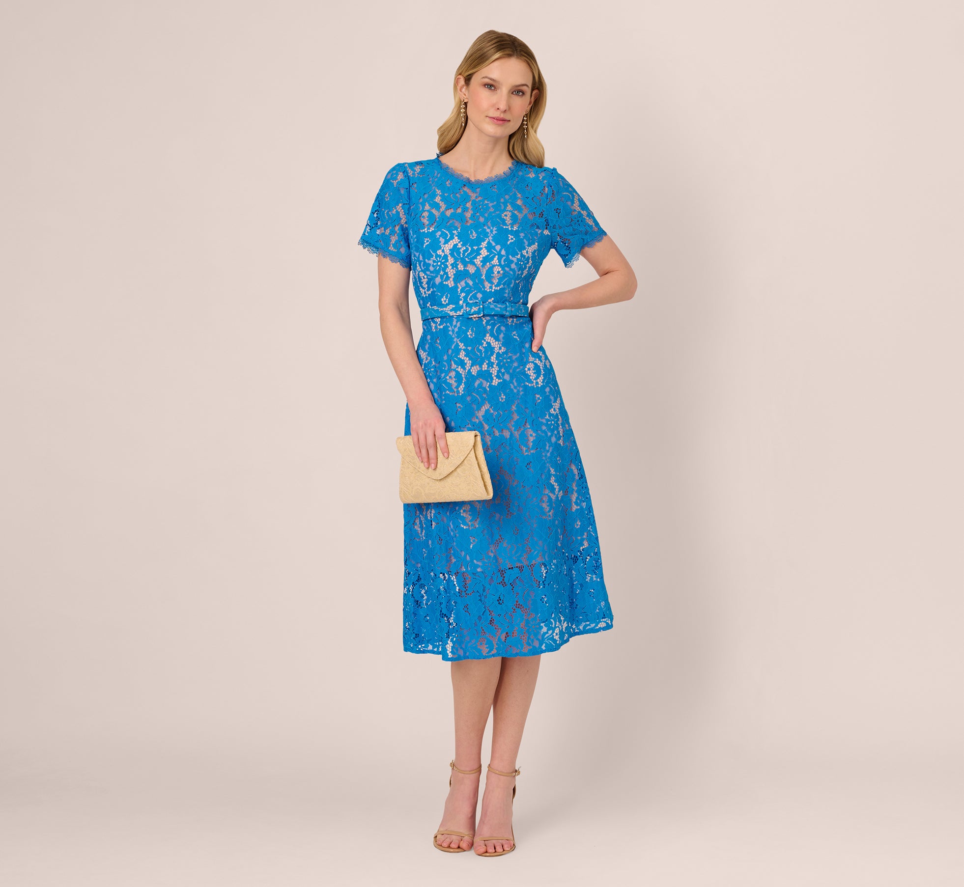 Blue Wave Short Sleeve Belted Lace Midi Dress for Women - Summer Beach Wedding Party & Vacation Outfit