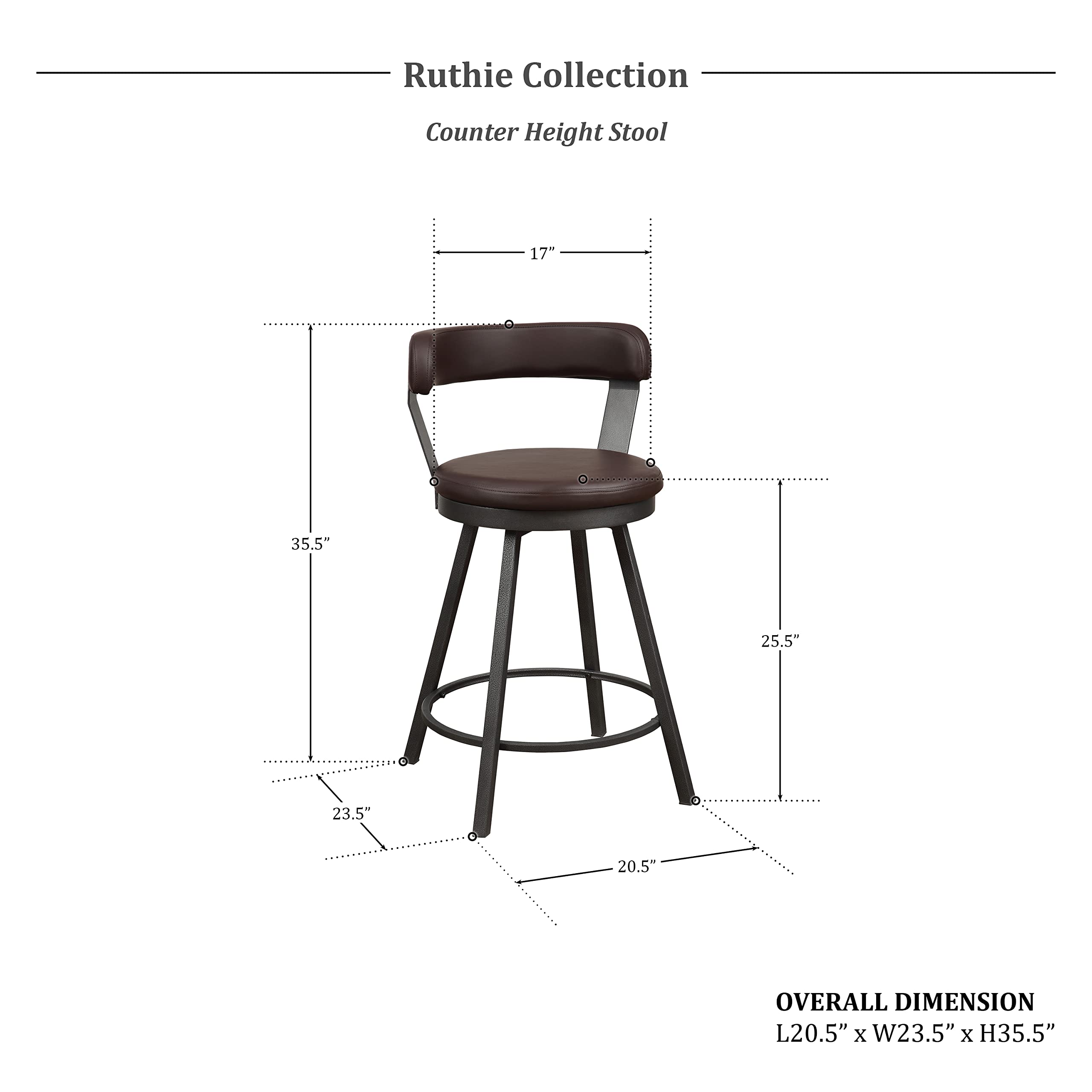 Lexicon Ruthie Swivel Counter Stool Set of 2 - 25.5 Inch Bar Height Stools with 360 Degree Rotation - Brown Upholstered Kitchen Island Stools for Breakfast Nook, Bar Counter & Home Decor