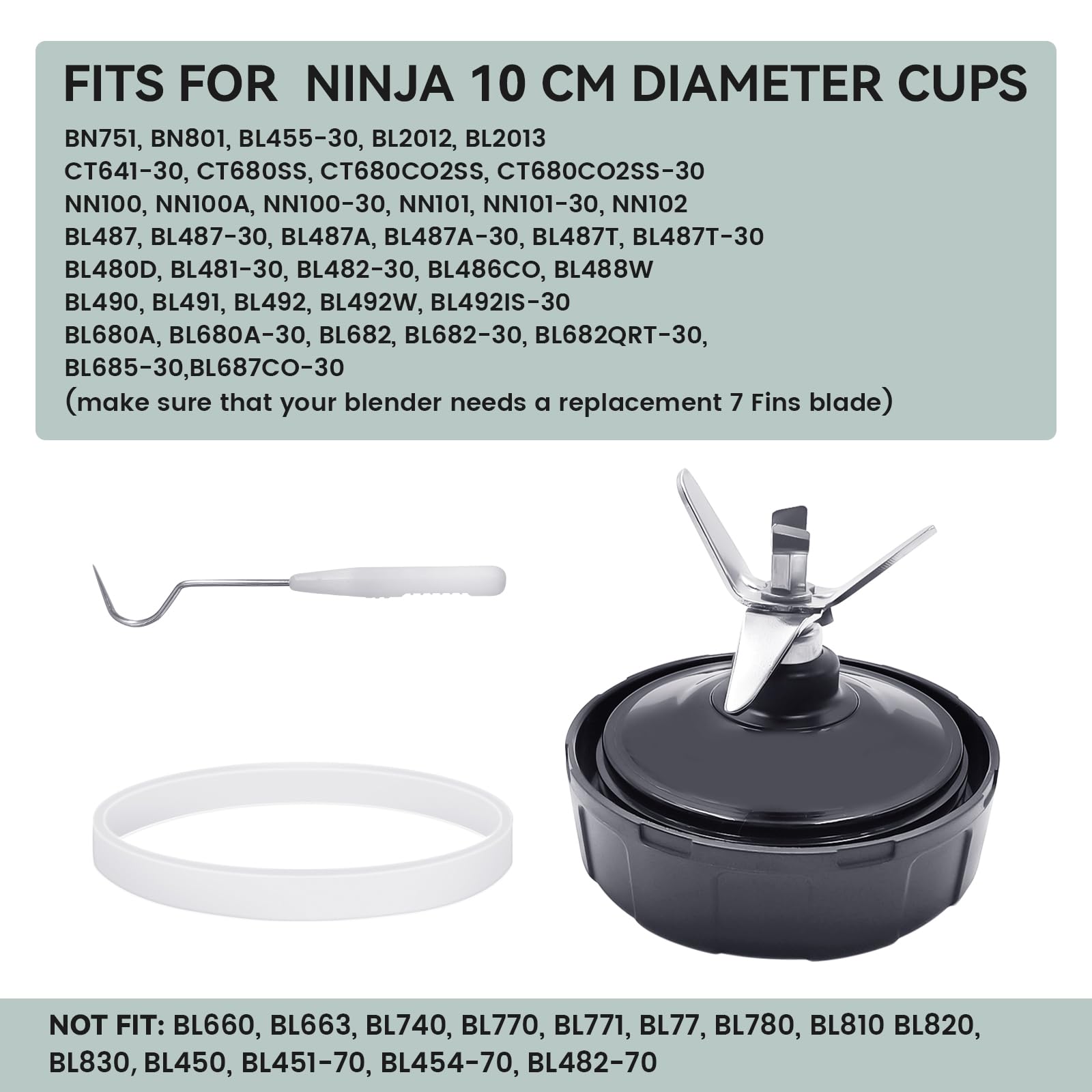 1 Pack Ninja Blender Replacement Blade - 7 Fins Stainless Steel Blender Blade with Rubber Gasket & High Speed Bearing - Compatible with Ninja BL480 BL482 BL682 BL642 NN102 Auto iQ Series - Perfect for Smoothies, Shakes & Food Prep