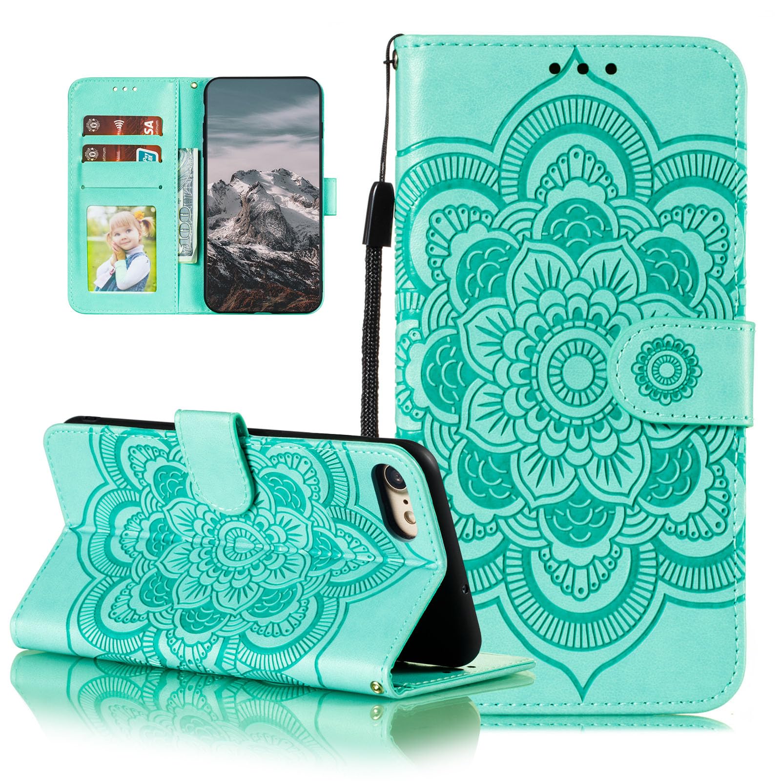 EYZUTAK Premium Leather Mandala Flip Wallet Case for iPhone SE (5G) 2022/iPhone 7/iPhone 8/iPhone SE 2020 - Ultra Slim Magnetic Stand Cover with Card Slots & Lanyard (Embossed Green) - Perfect for Travel, Work & Everyday Protection