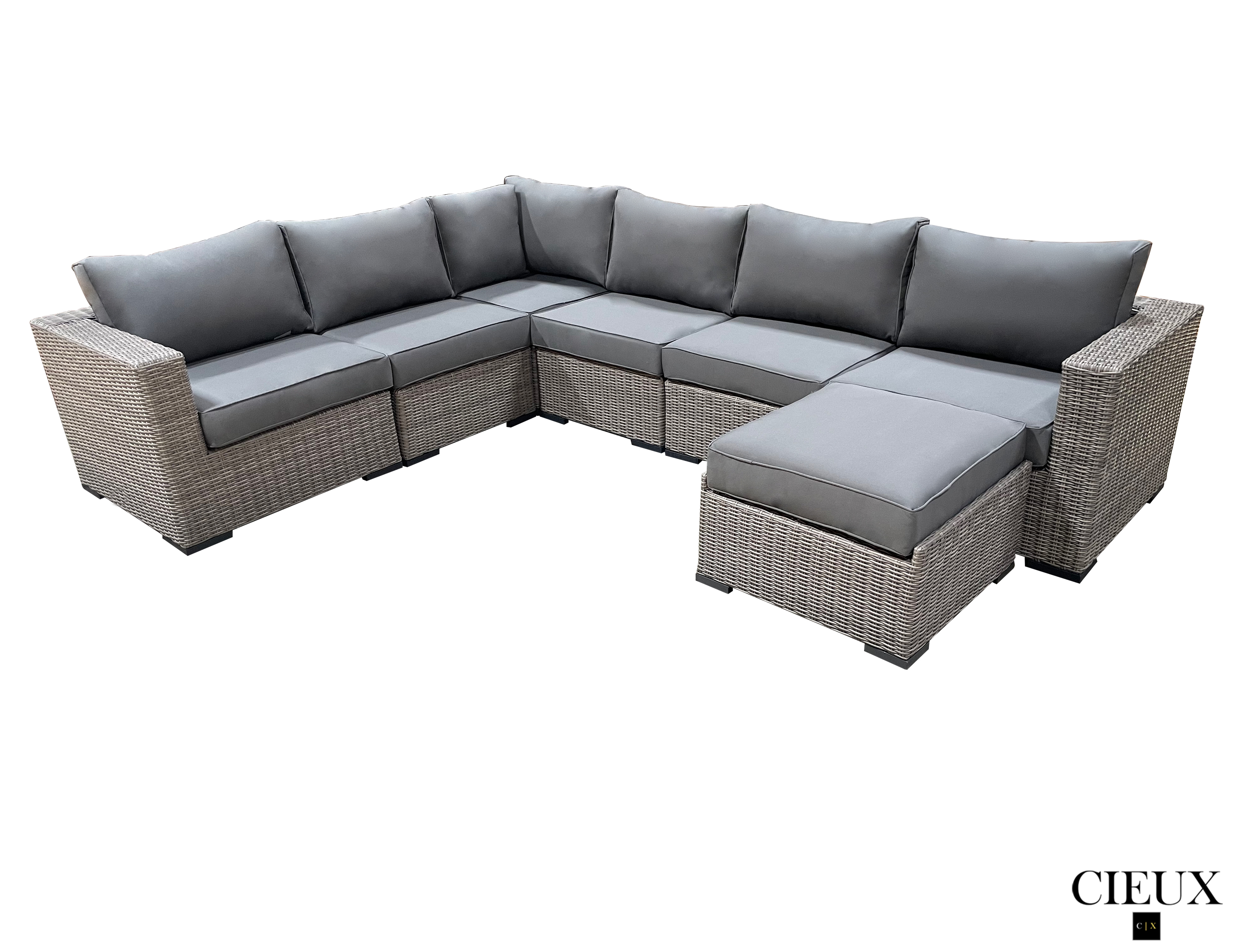 Riviera Outdoor Patio Wicker L-Shaped Sectional Sofa Set with Ottoman - Grey Sunbrella Canvas Charcoal Cushions - Perfect for Poolside Lounging, Backyard Relaxation & Outdoor Entertaining