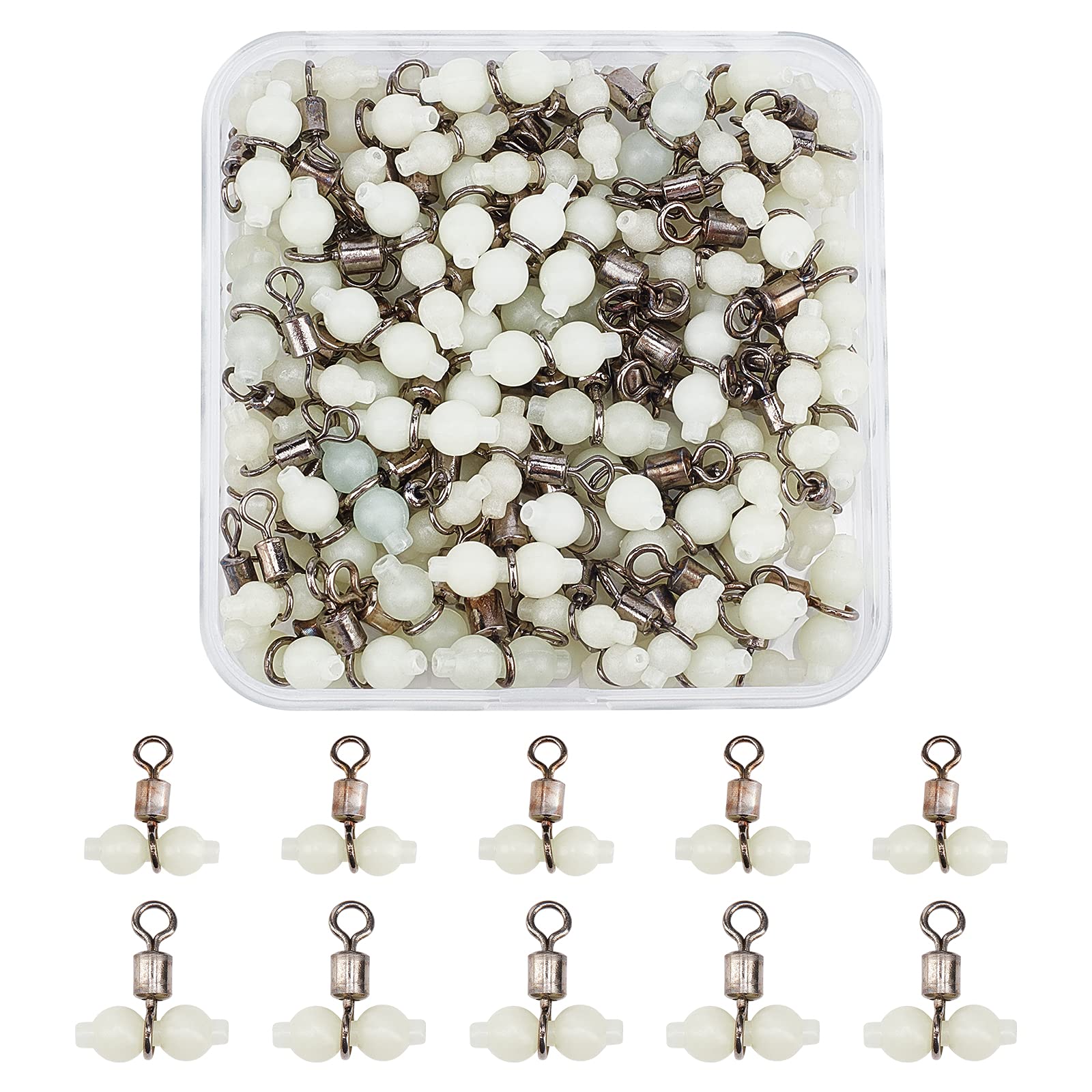 100Pcs Steel Fishing Rolling Swivels - 2 Sizes Bearing Snap Connectors with Glow Beads for Saltwater & Freshwater Fishing - Ideal for Bass, Trout, and Deep Sea Angling