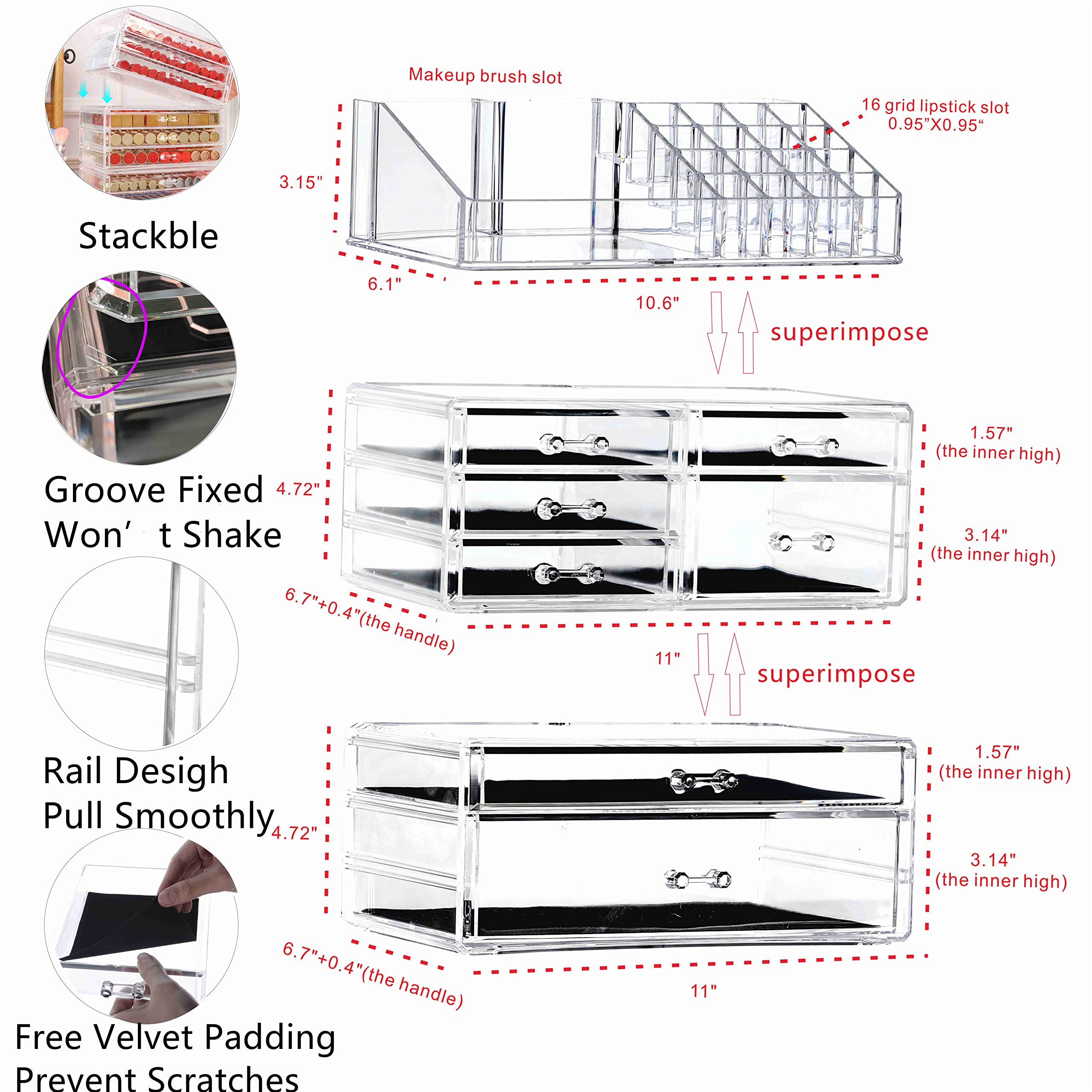 3-Pack Clear Acrylic Makeup Organizer with 7 Stackable Drawers - Skincare & Jewelry Storage for Vanity, Desk, Bathroom Countertop | Perfect for Hair Clips, Beauty Products & Cosmetics Organization