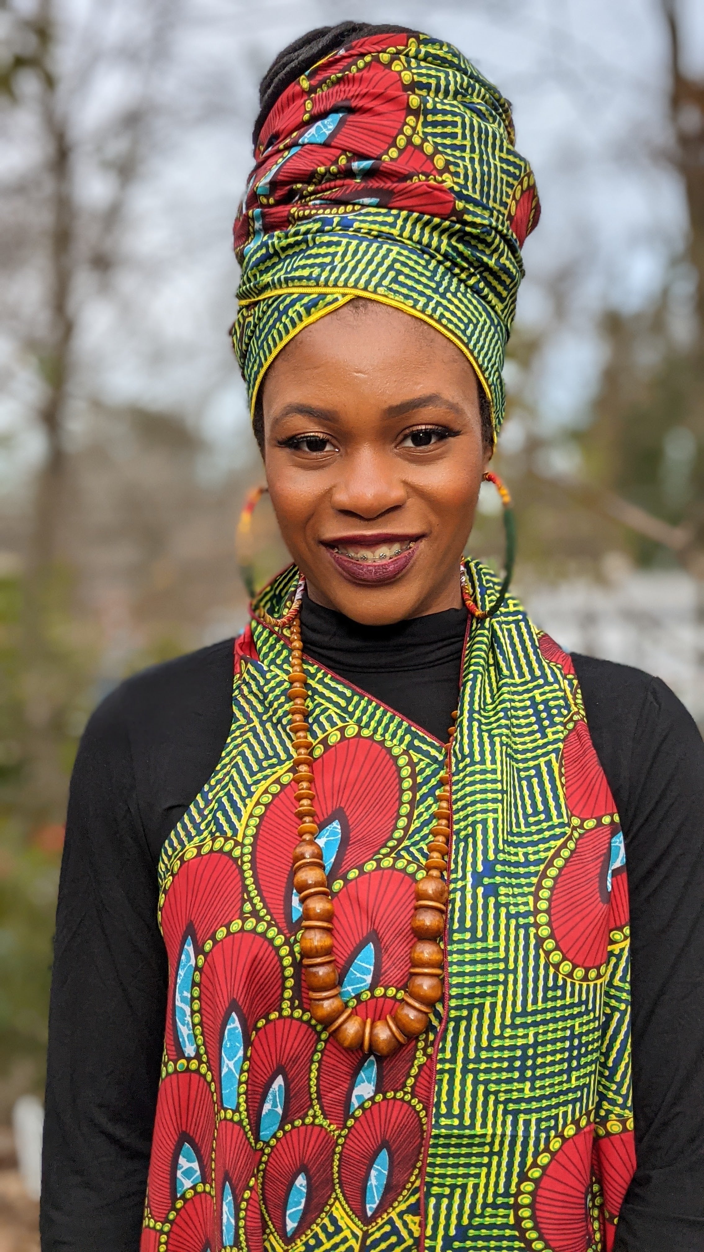 African Print Head Wrap - Yoruba Oasis Green Red Blue Peacock Design DP3846H1 | Stylish Hair Accessory for Women | Perfect for Cultural Events, Weddings & Everyday Fashion