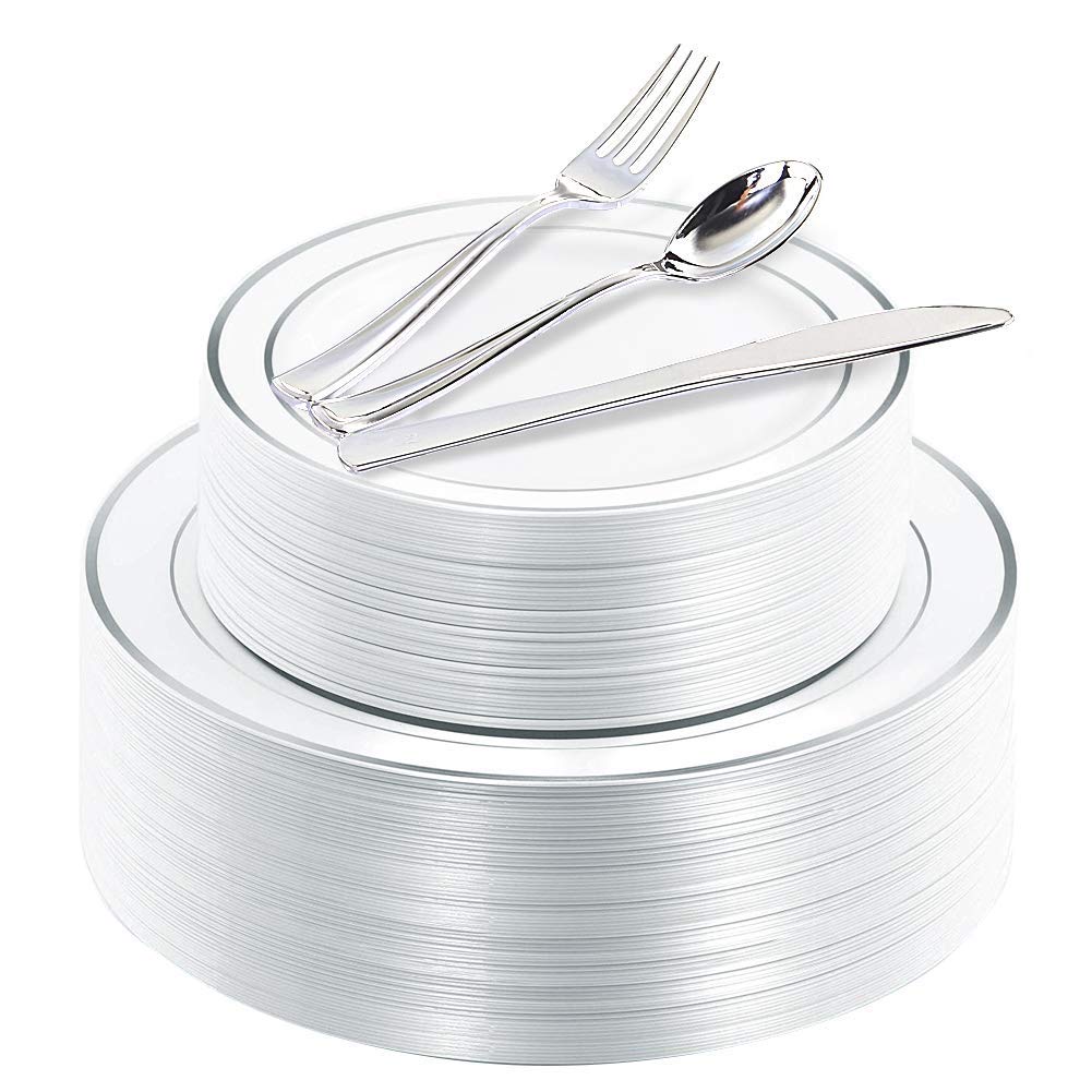 WELLIFE 200-Piece Silver Plastic Party Plates Set - Disposable Dinnerware for Events, Includes 40 Dinner Plates, 40 Dessert Plates & 40 Silver Plastic Cutlery - Perfect for Weddings, Birthdays & Catering Events