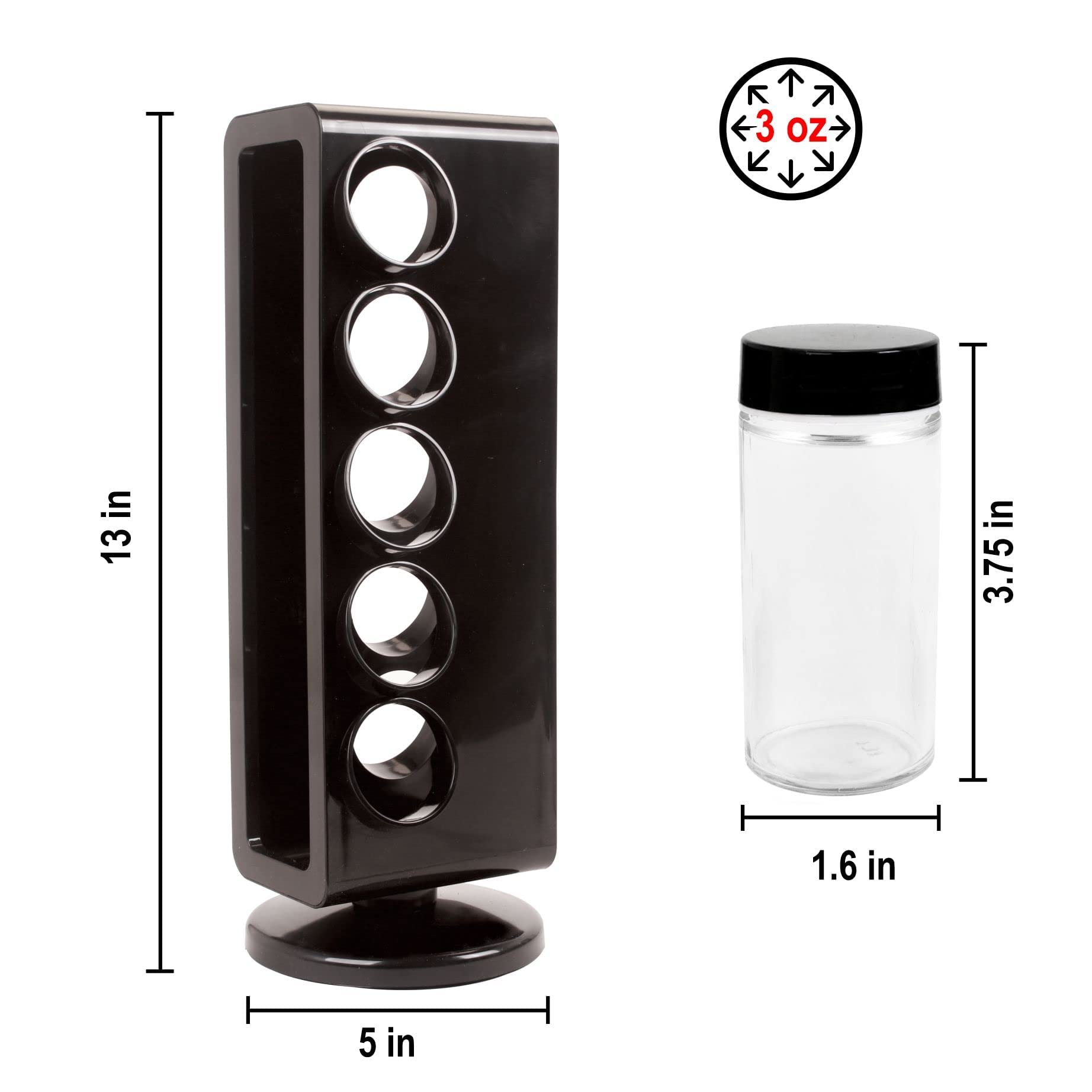 Orii Black Plastic Spice Rack with 10 Empty Jars & Lids - Includes Free Stainless Steel Funnel & Labels - Perfect for Kitchen Organization & Spice Storage