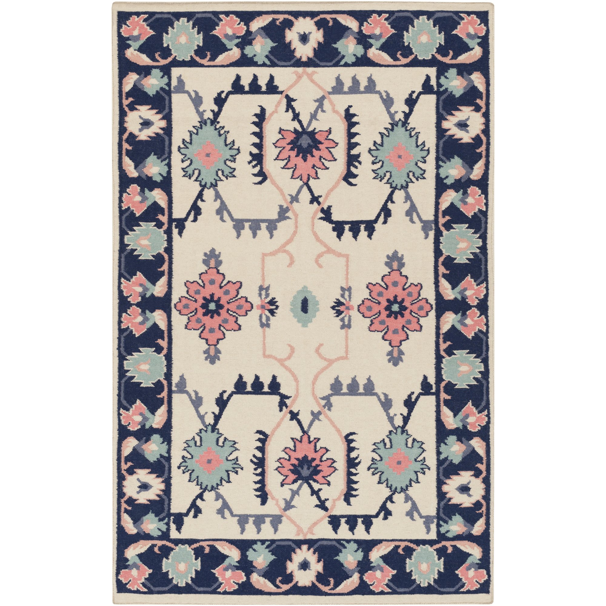 Hand Woven Casual Area Rug 8x11 Feet - Soft Boho Chic Beige Navy Coral Moss Design - Perfect for Living Room, Bedroom & Home Decor
