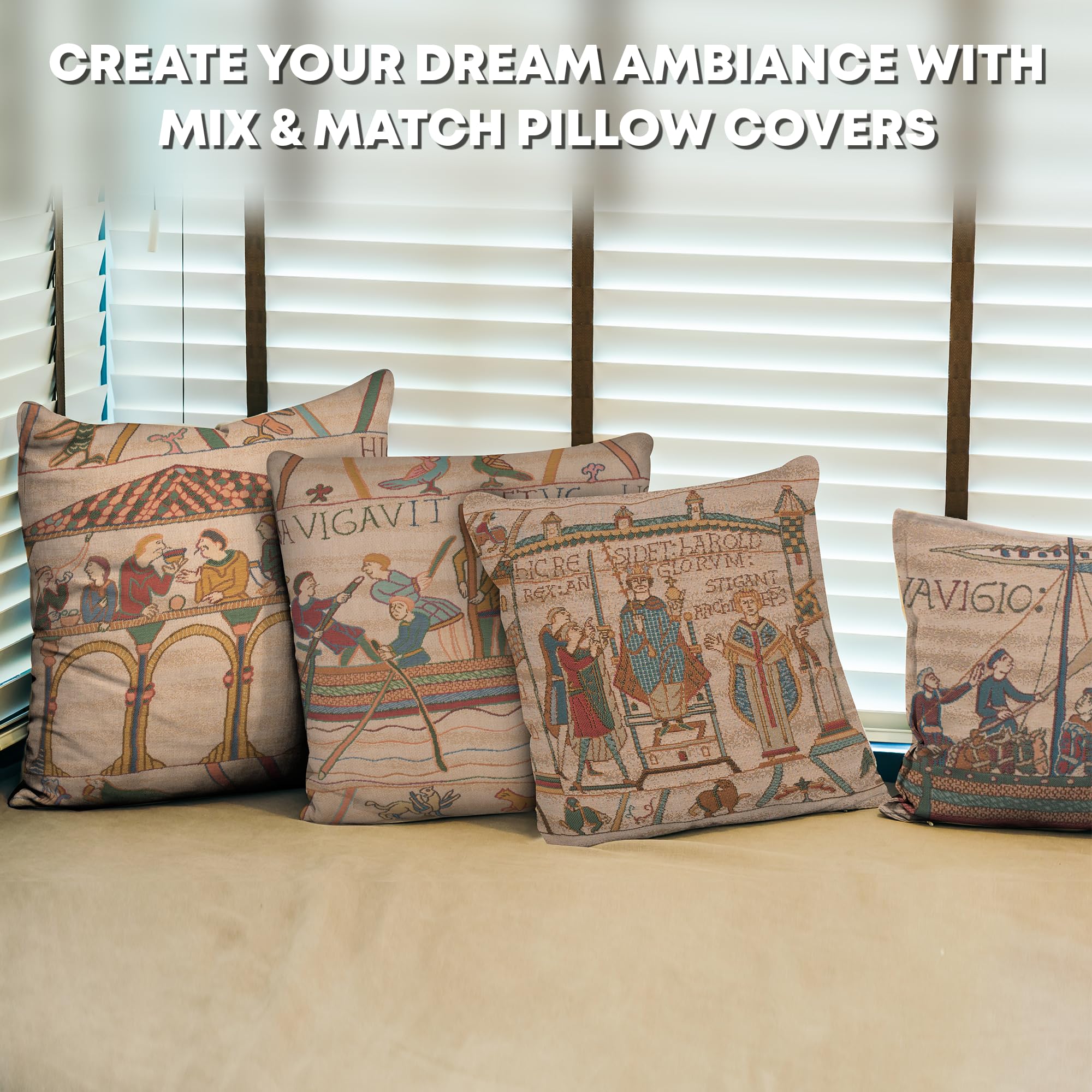 Bayeux Decorative Pillow Covers 14x14 Inch - Boho Throw Pillow Covers for Living Room & Bedroom - French Country Tapestry Couch Pillow Covers - Soft Cotton Jacquard Woven - Perfect for Sofa, Chair, and Home Decor