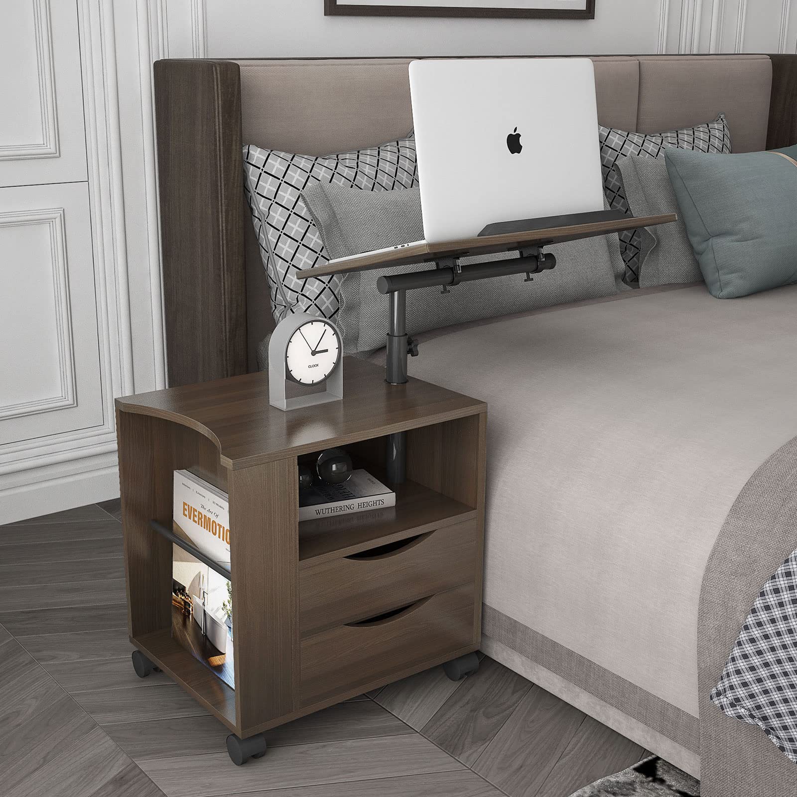 Upgraded Nightstand with Lifting Top - Functional Bedside Table with Swivel Top, Wheels, Open Shelf & Drawers - Overbed End Table & Couch Desk - Wooden Storage Cabinet (Black Walnut) - Perfect for Small Spaces, Bedrooms & Living Rooms