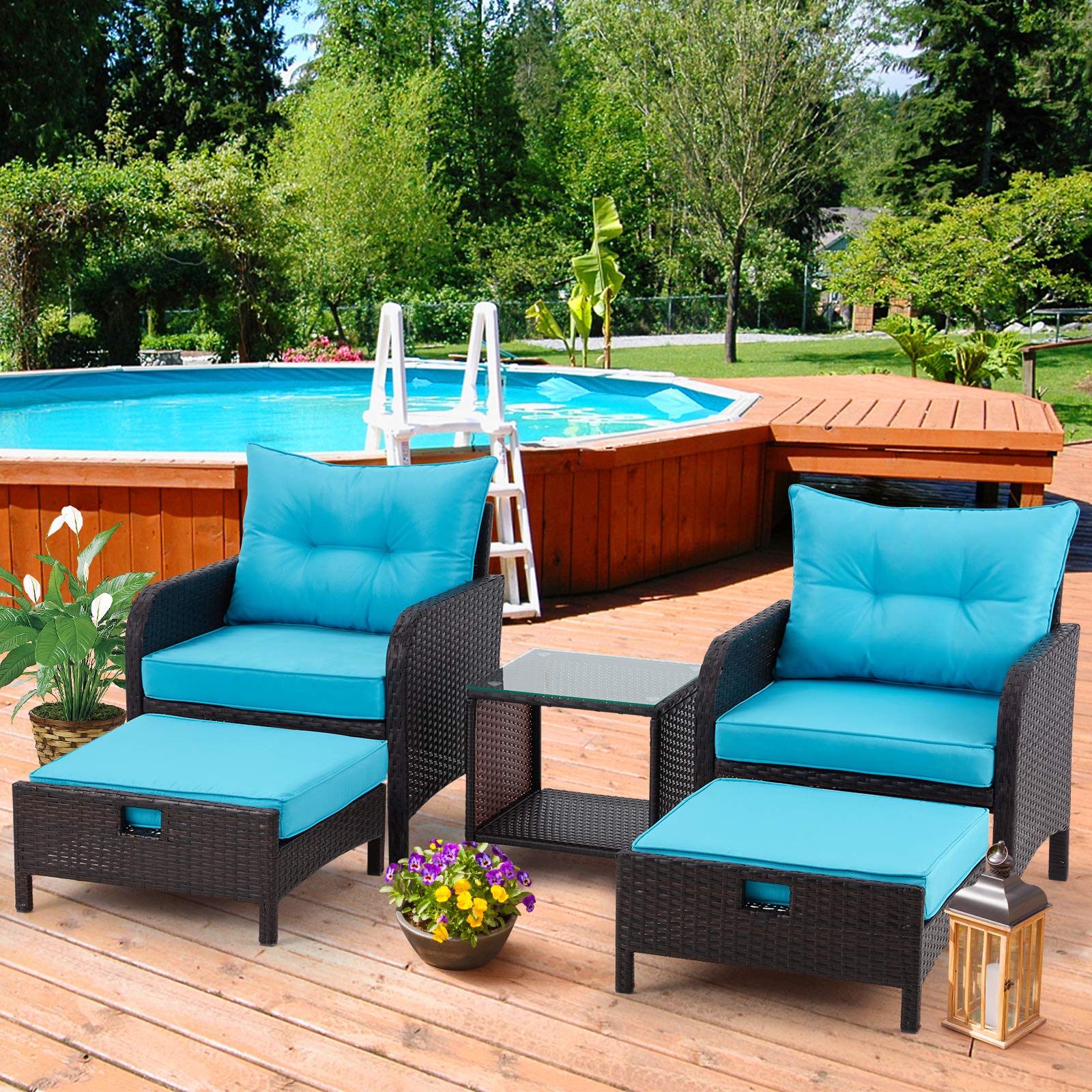 AVAWING 5-Piece Outdoor Patio Furniture Set - Rattan Wicker Chairs with Tempered Glass Coffee Table, Ottomans & Soft Cushions - Weather-Resistant Garden, Porch, Deck, Balcony Conversation Set (Blue) - Perfect for Backyard Relaxation, Poolside Lounging & Outdoor Entertaining