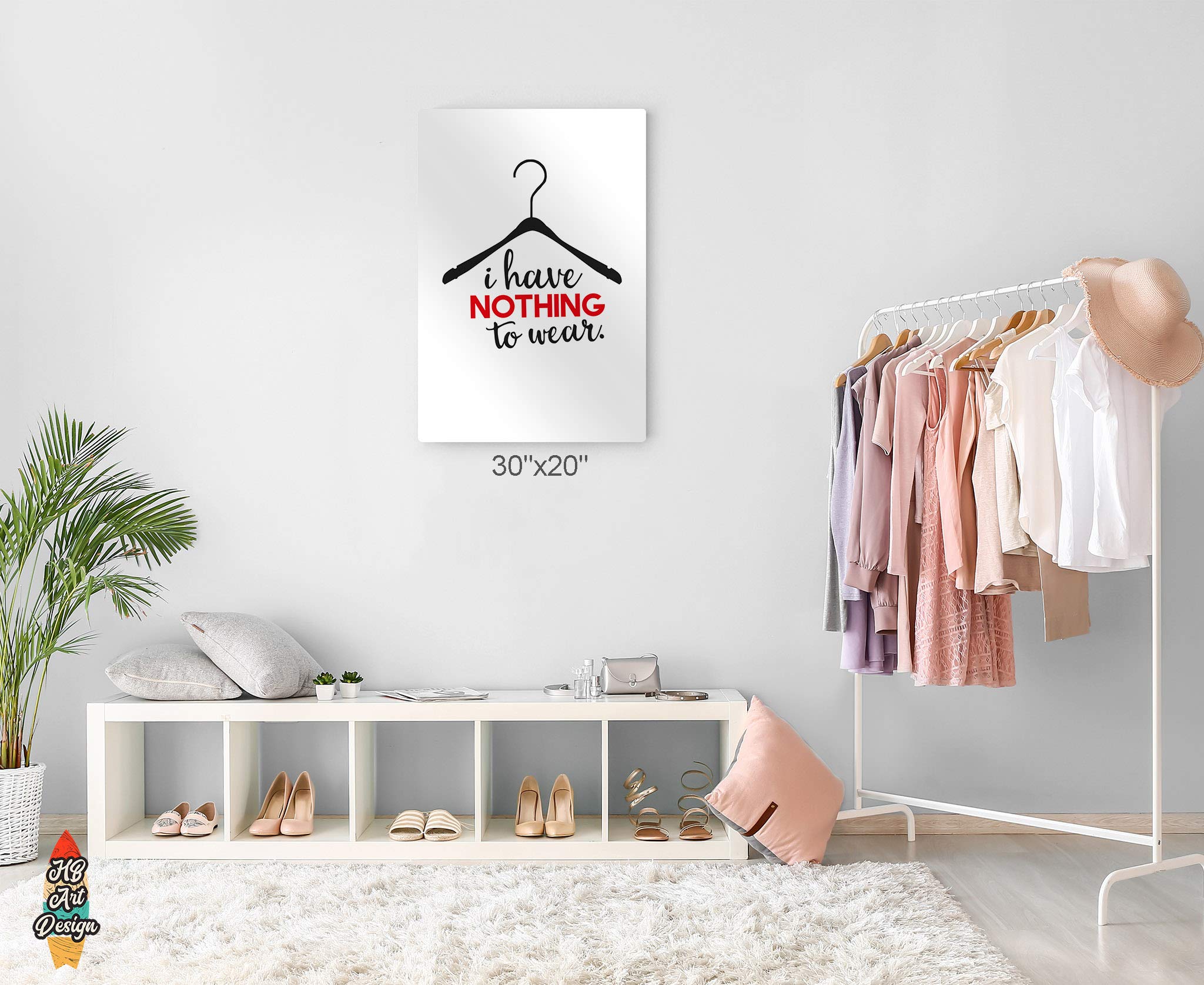 HB Art Design 'I Have Nothing to Wear' Motivational Quote Dress Hanger Silhouette Fashion Metal Wall Art - Glam Home Decor for Office, Dorm, Bathroom, Living Room & Bedroom - Ready to Hang 24x16 Inches - Perfect for Fashion Lovers & Inspirational Room Decor