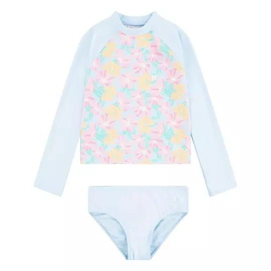 Hurley Junior Girls' 2-Piece Rashguard & Swim Bottom Set - Blue Ice - Sizes 7-16 - UV Protection Swimwear for Surfing, Swimming & Beach Activities